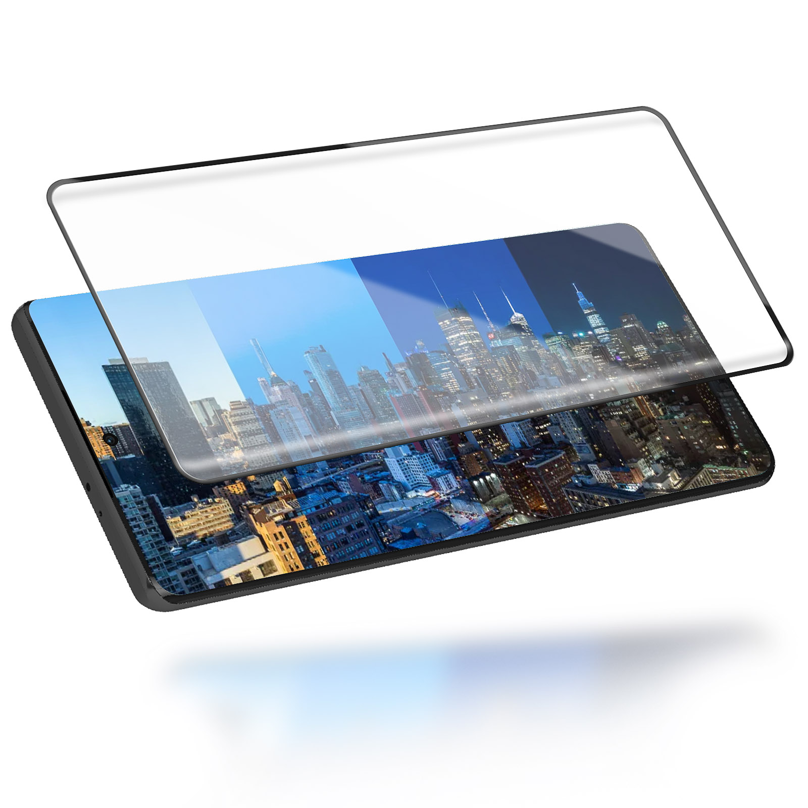 Un smartphone avec protection d'écran affiche une vue de ville du jour à la nuit.