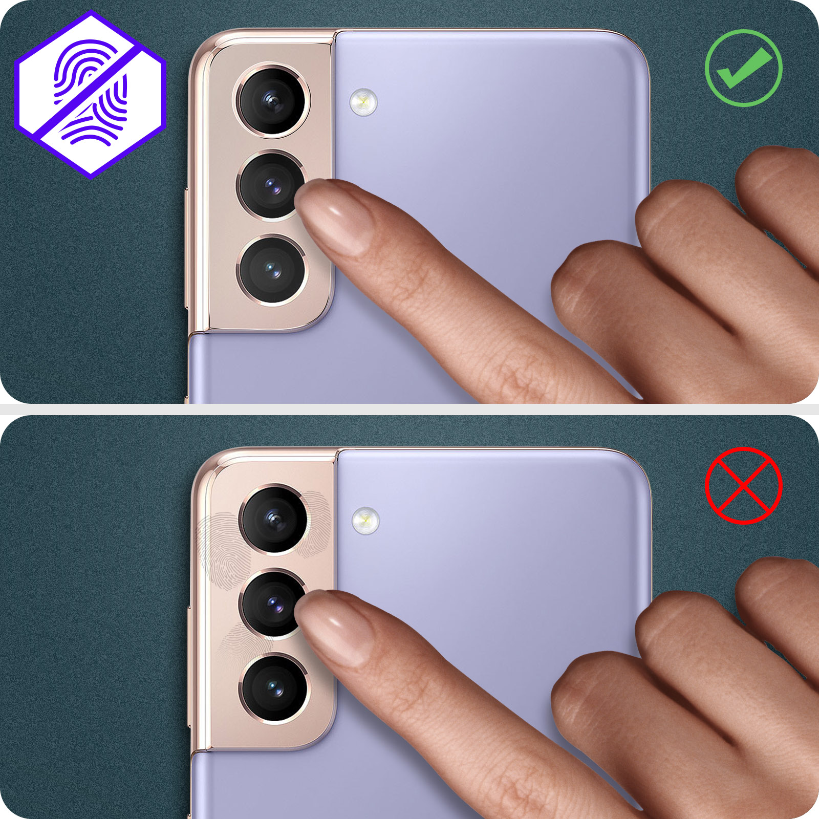 Incorrect : Empreintes digitales sur dos de téléphone violet avec caméras. X rouge.