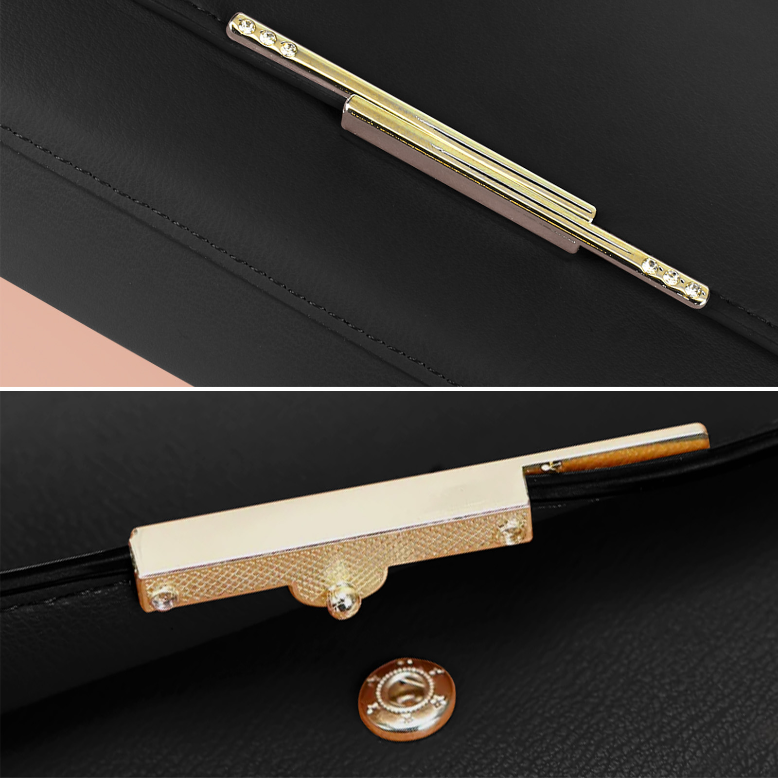 Schwarze Tasche mit goldfarbenem Verschluss und Kristallen.