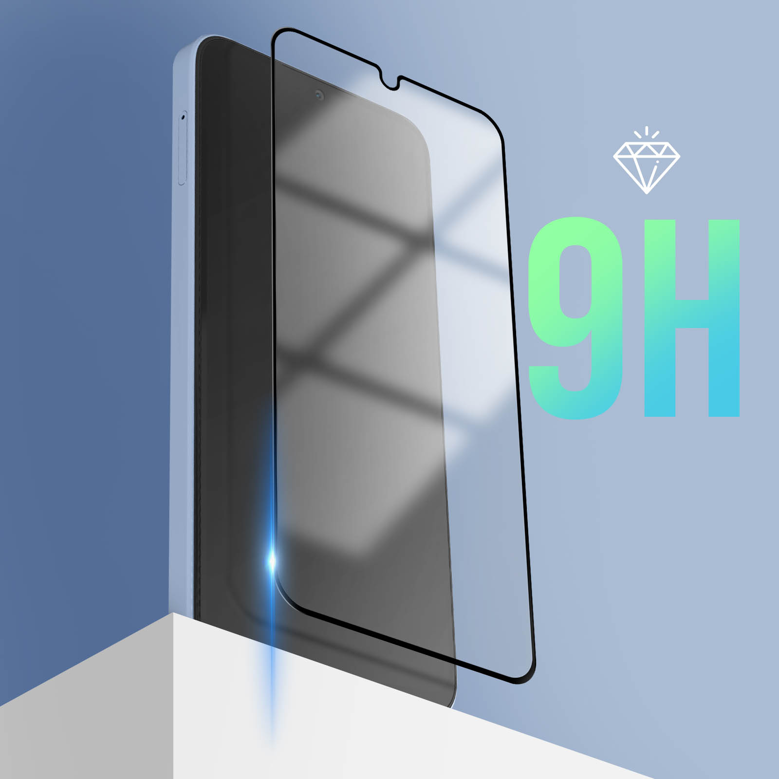 Un protecteur d'écran 9H est posé sur un smartphone.