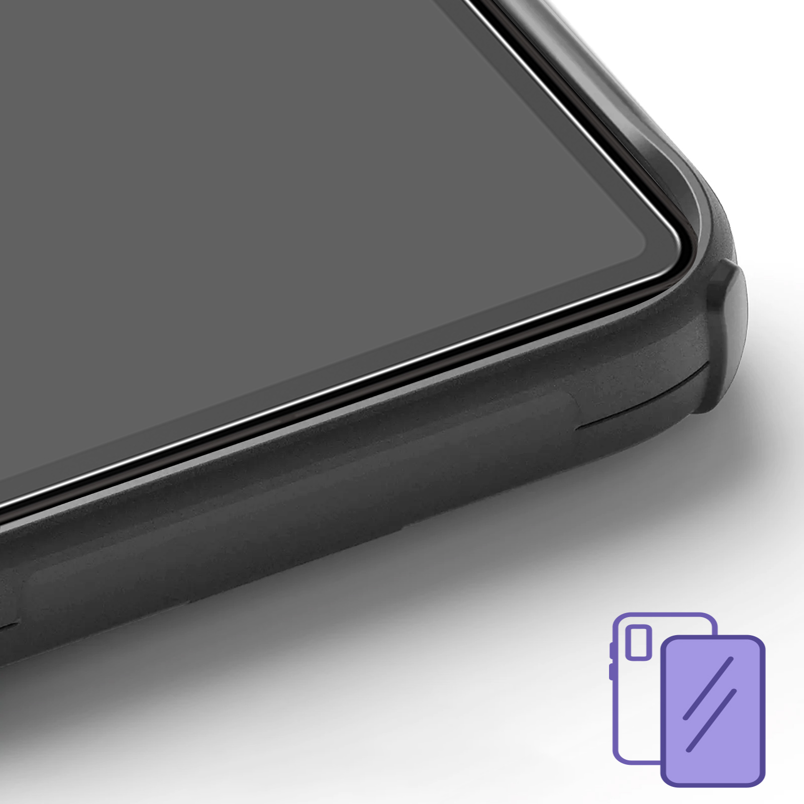 Gros plan d'un smartphone gris foncé avec une coque de protection noire. Icône de deux téléphones.