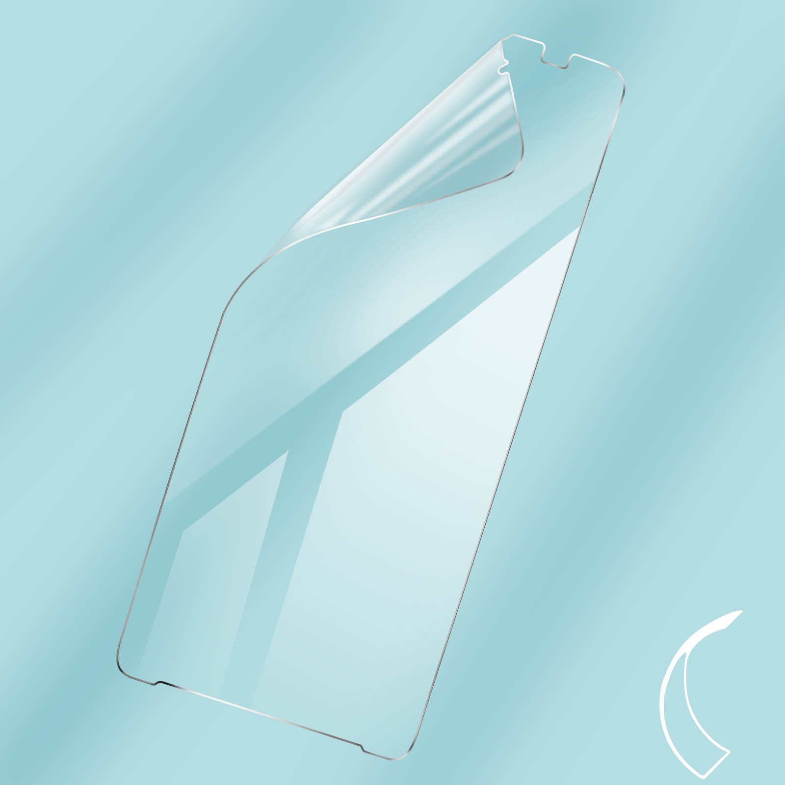 Un protecteur d'écran transparent flotte sur fond bleu clair dégradé avec ombres douces.