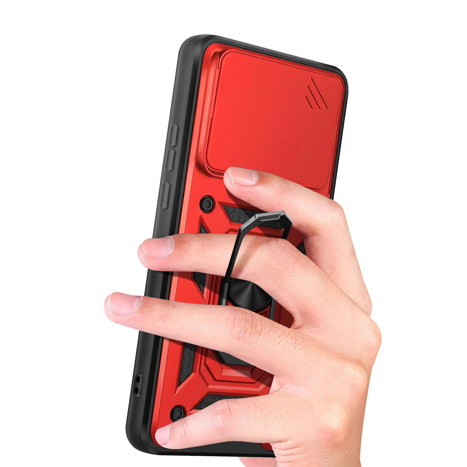 Rode telefoonhoes met zwart frame en ringhouder, vastgehouden door een hand.
