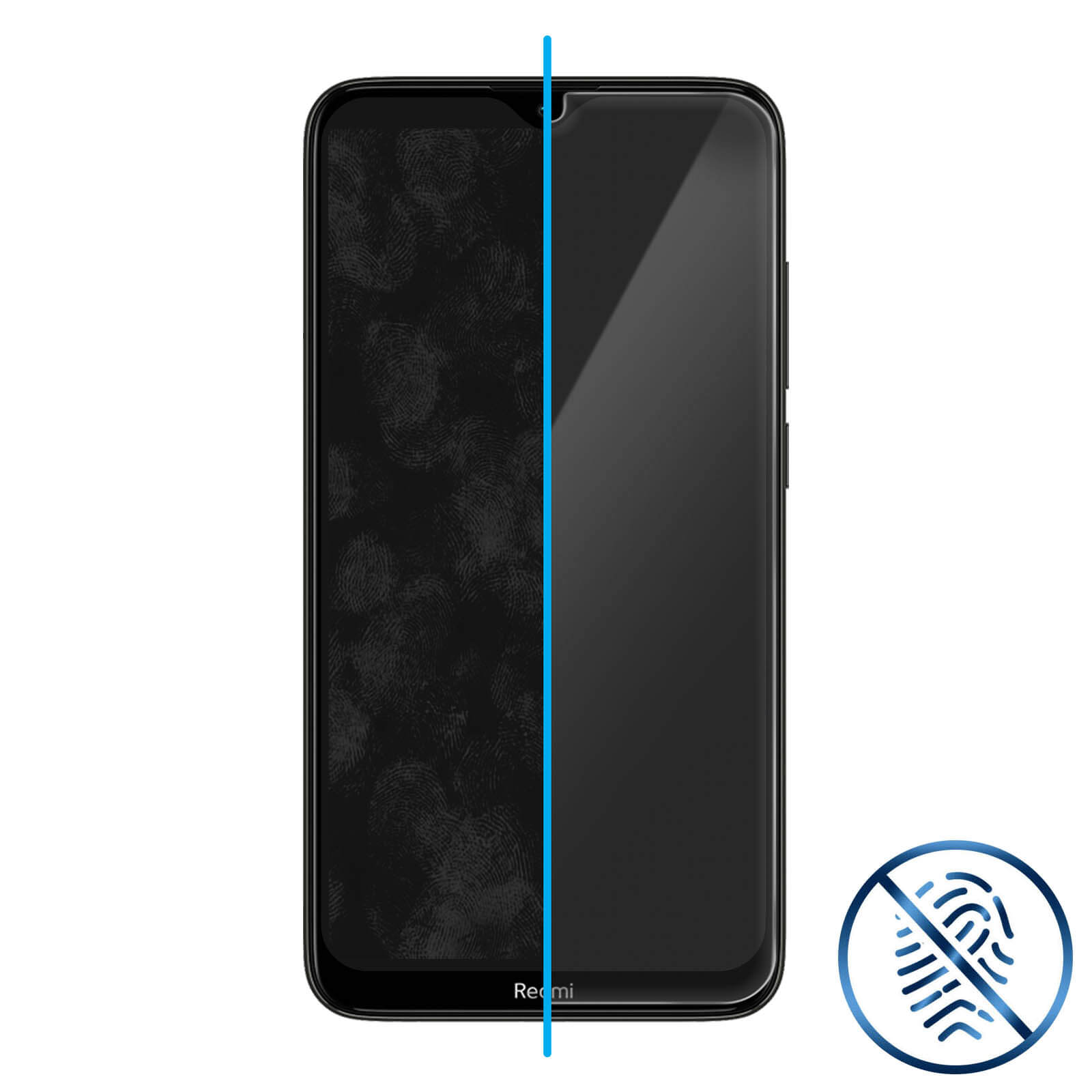 Een smartphone scherm, gedeeld door een blauwe lijn. Links vingerafdrukken, rechts schoon.