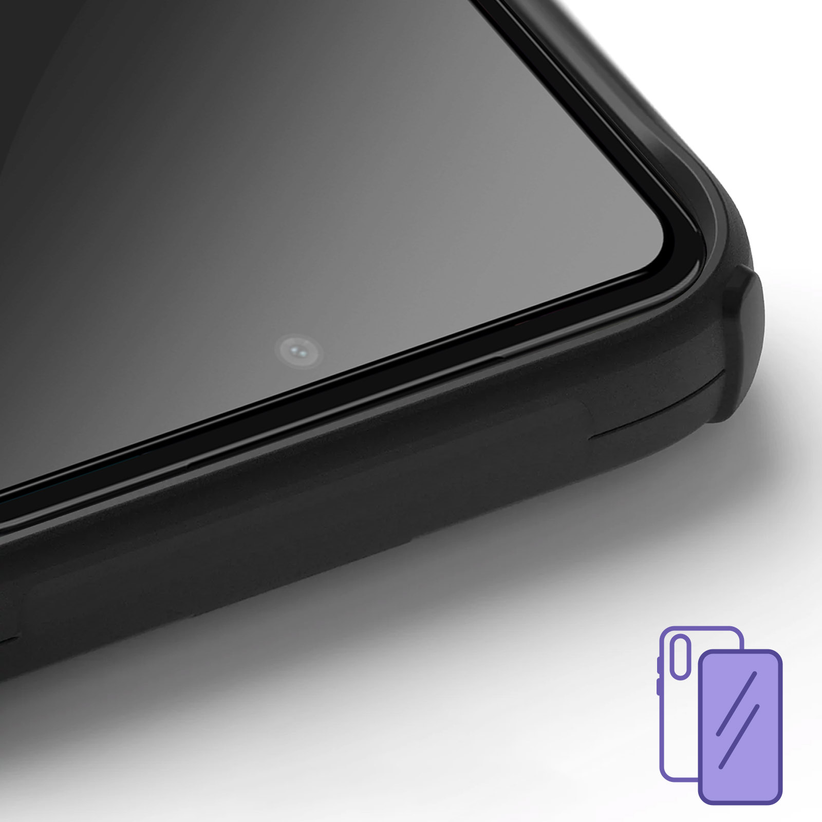 Gros plan d'une coque de téléphone noire avec objectif et icône.