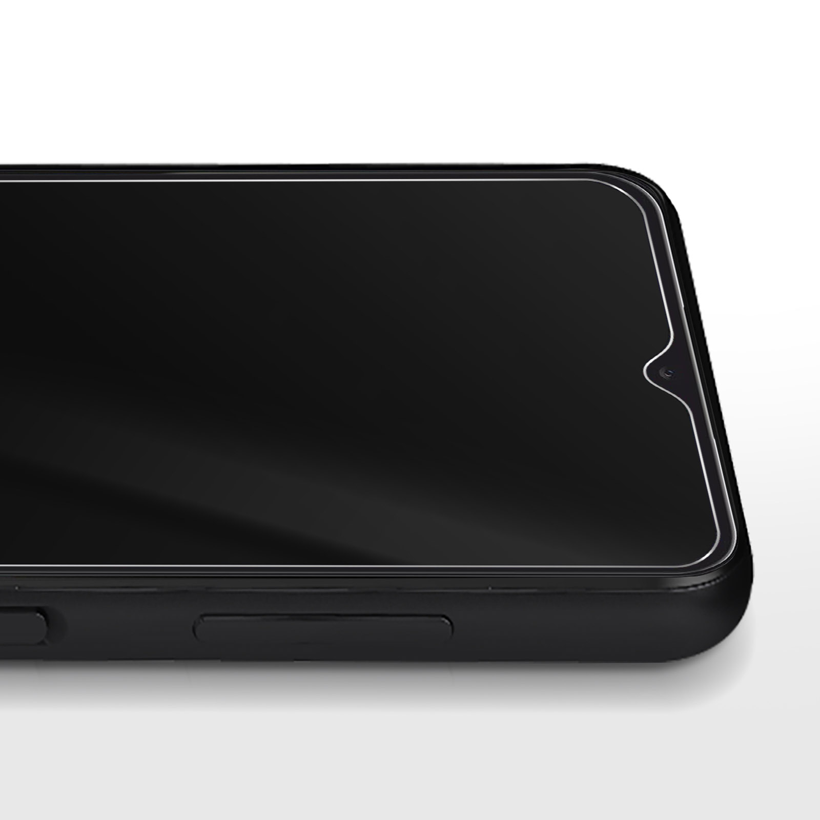 Close-up van een zwarte smartphone met een kleine uitsparing voor de frontcamera.