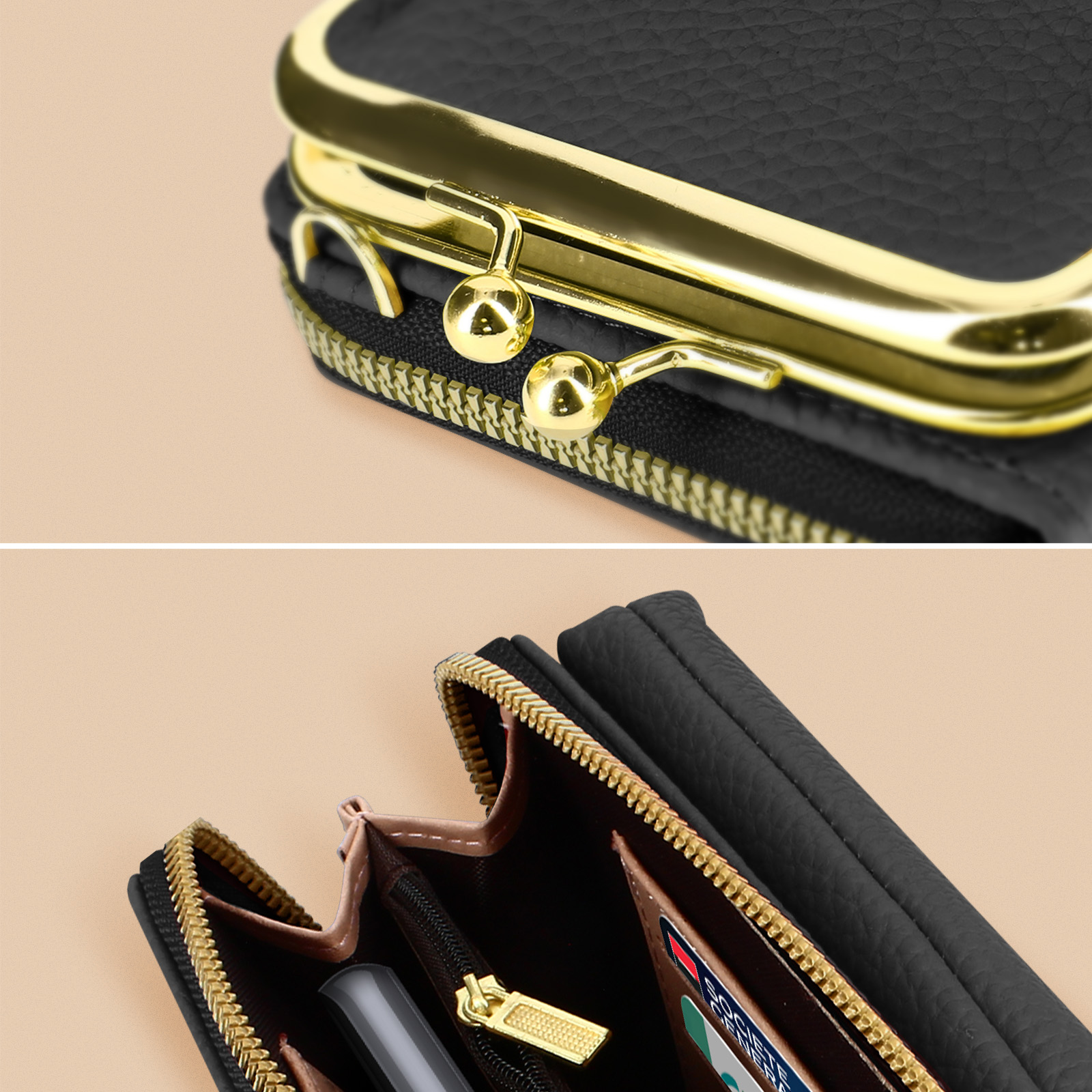 Close-up van een open zwarte portemonnee met gouden ritsen en details.