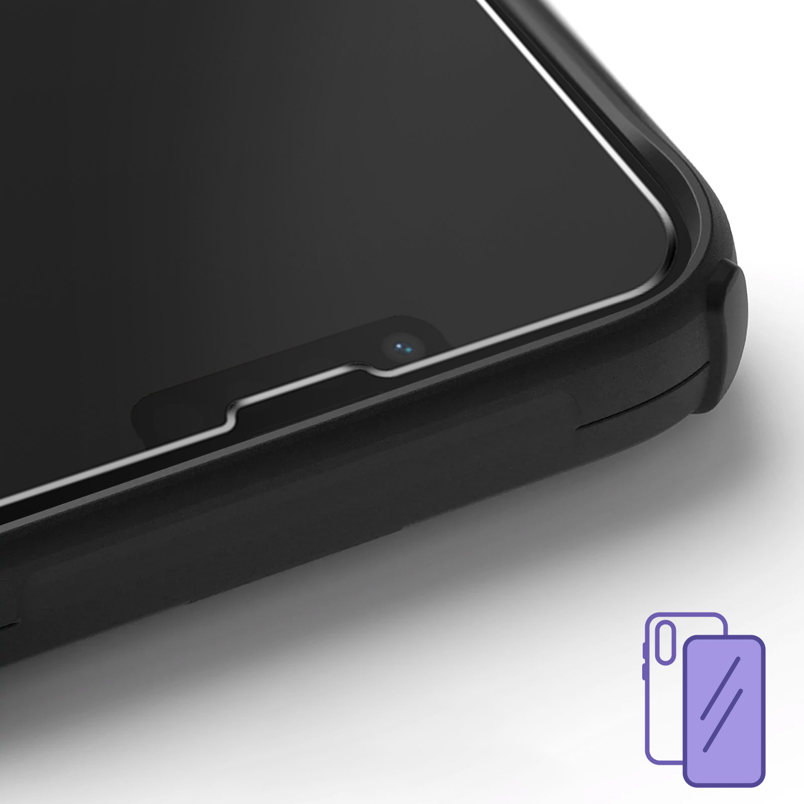 Close-up of a black smartphone screen with a camera cutout and protective bezel. Icons below.