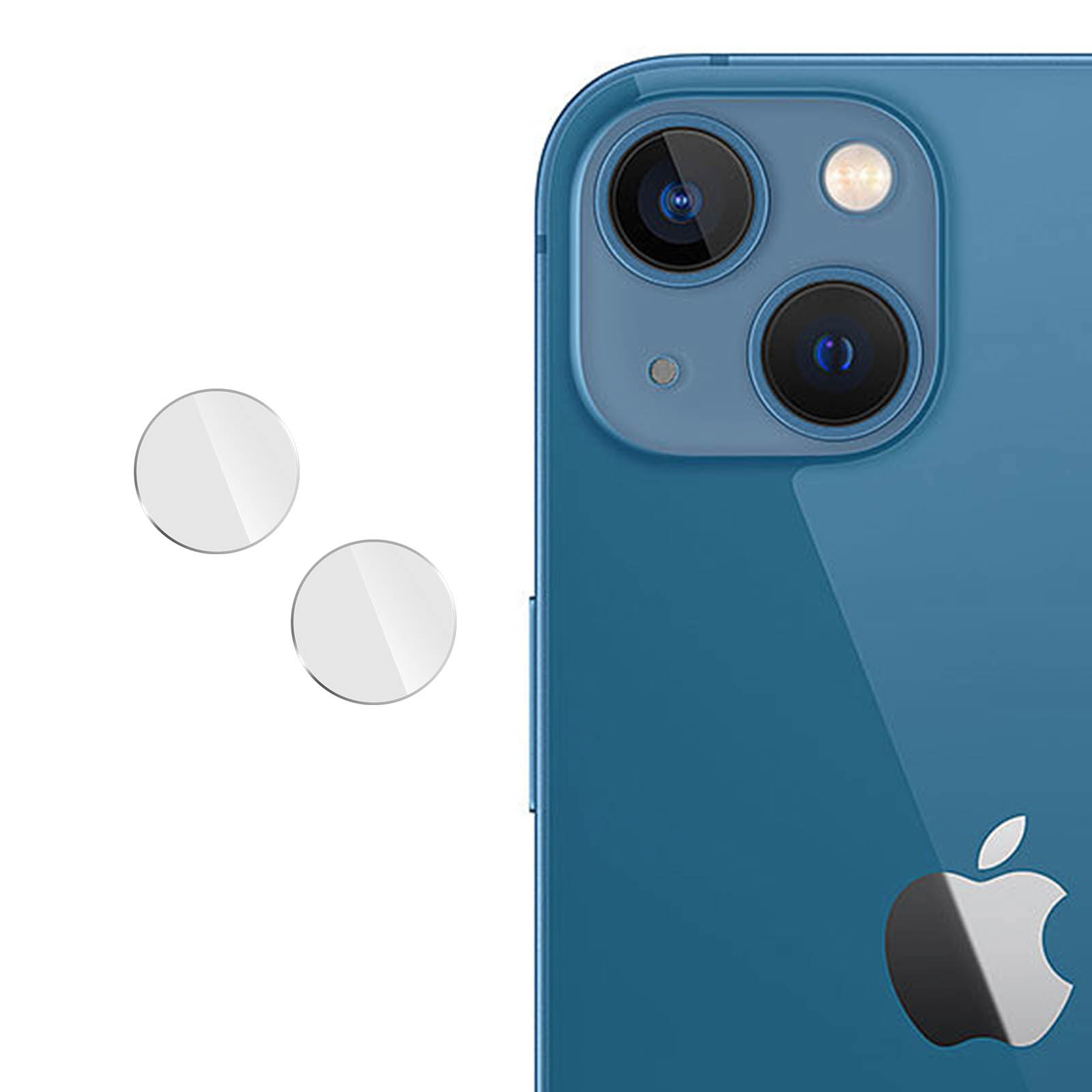 Two round, clear protective films lie next to a blue iPhone back.