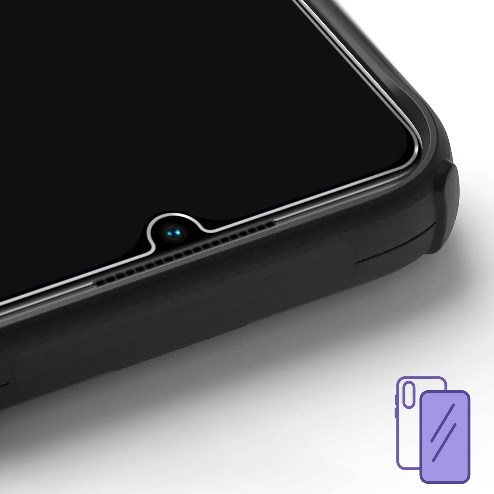 Gros plan d'un smartphone noir avec protecteur d'écran et découpe caméra.