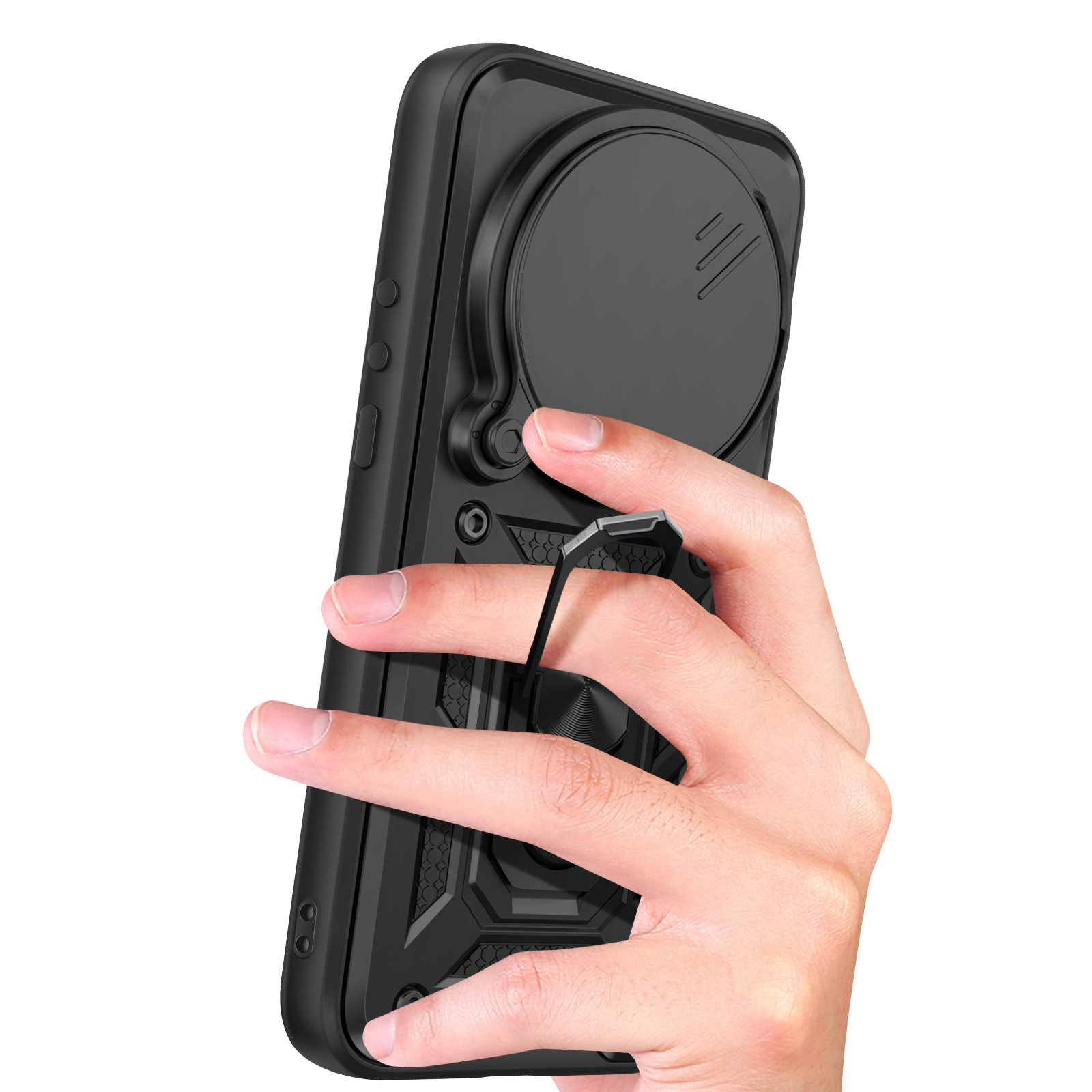 Une main tenant un téléphone noir avec un support anneau au dos.
