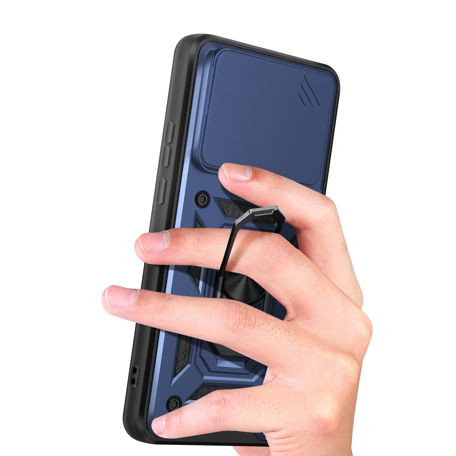 Coque de téléphone bleue avec support anneau, tenue par une main.