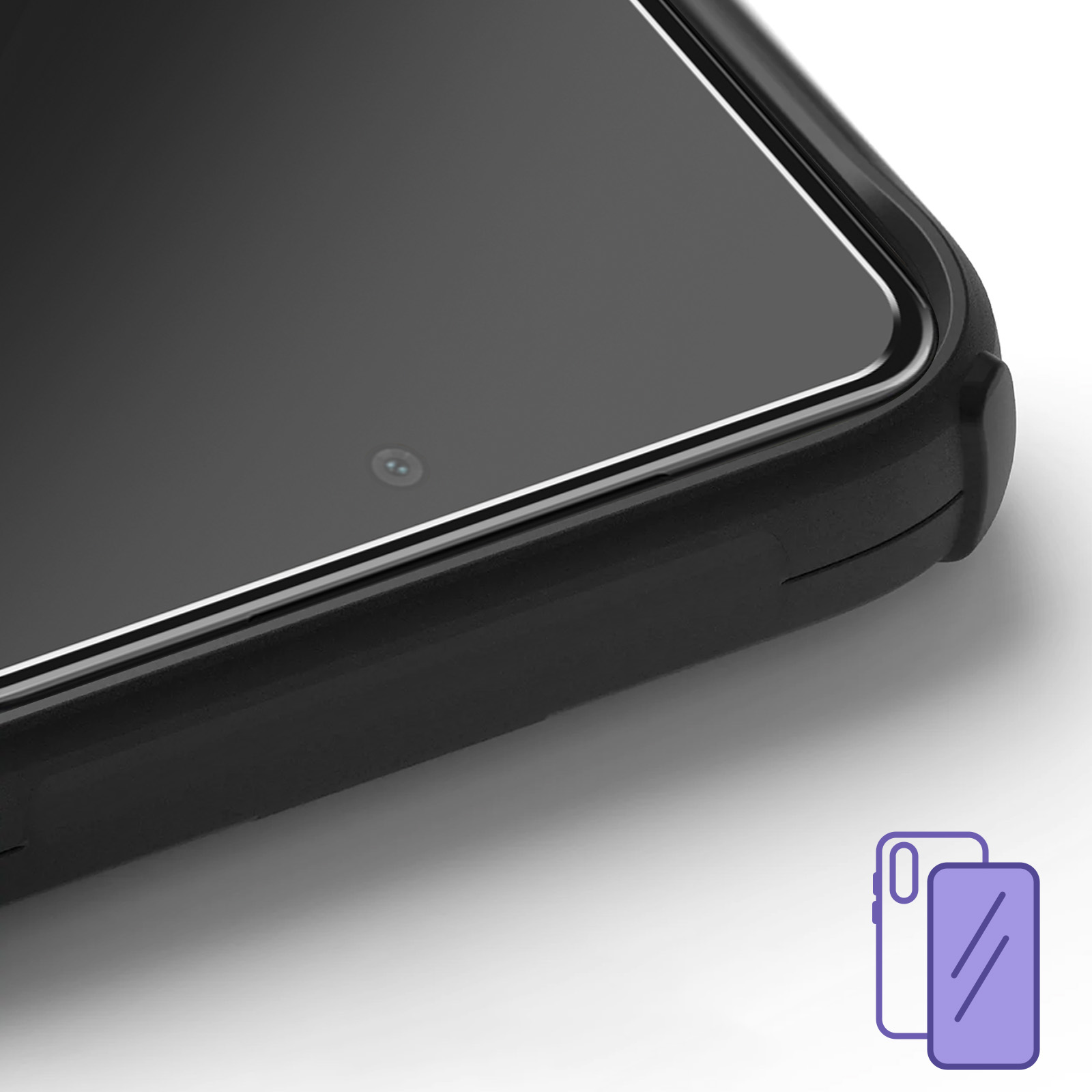 Close-up van een zwart smartphone scherm met subtiele reflectie en cameralens.