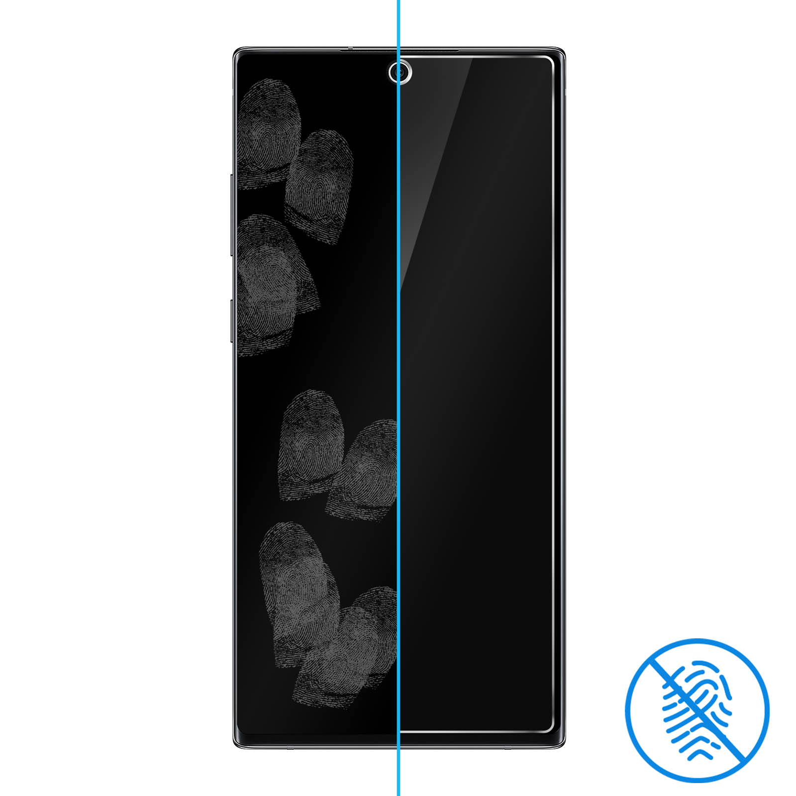 Smartphone nero con impronte digitali e icona blu anti-impronte.