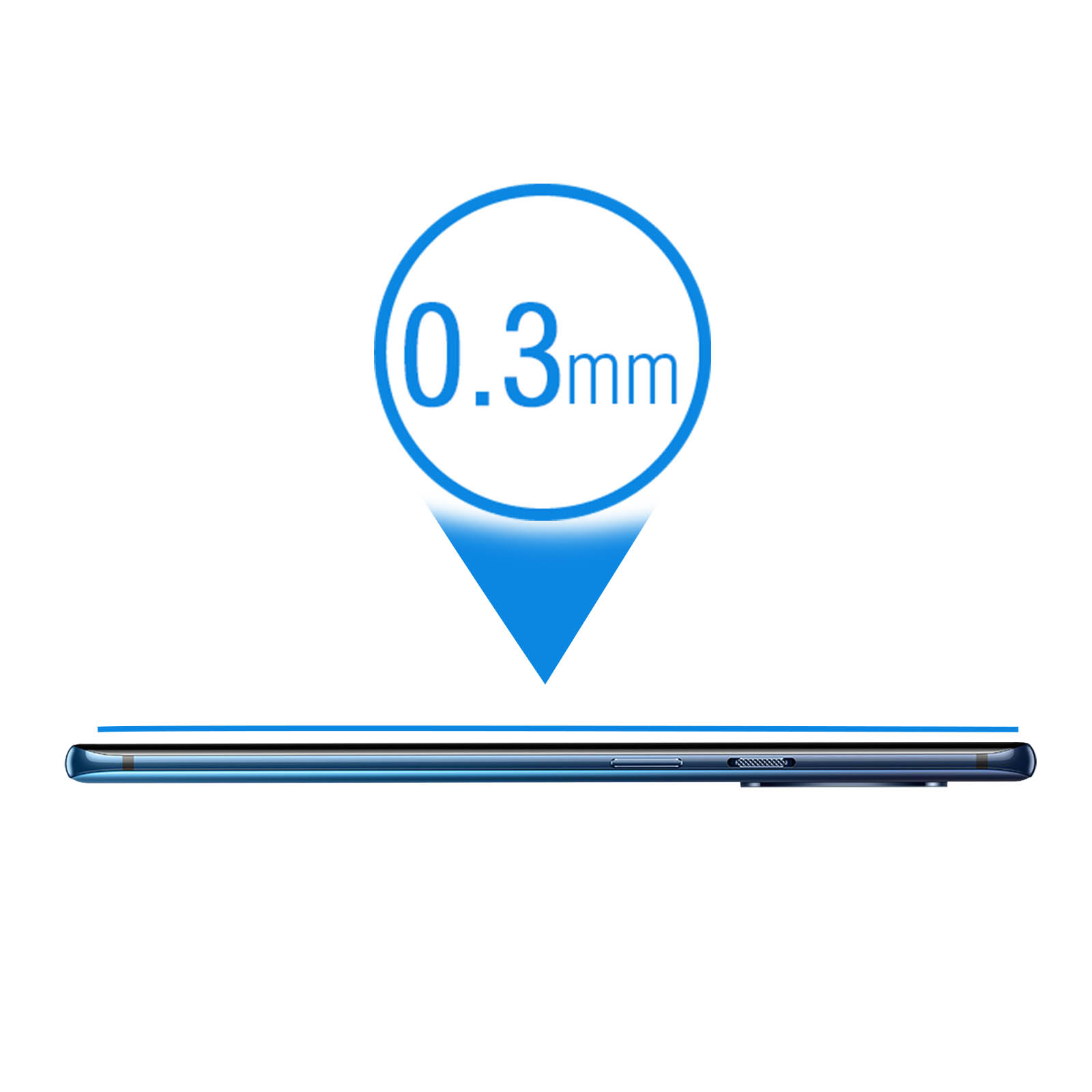 Cercle bleu indique 0,3 mm d'épaisseur d'un bord fin de smartphone bleu.