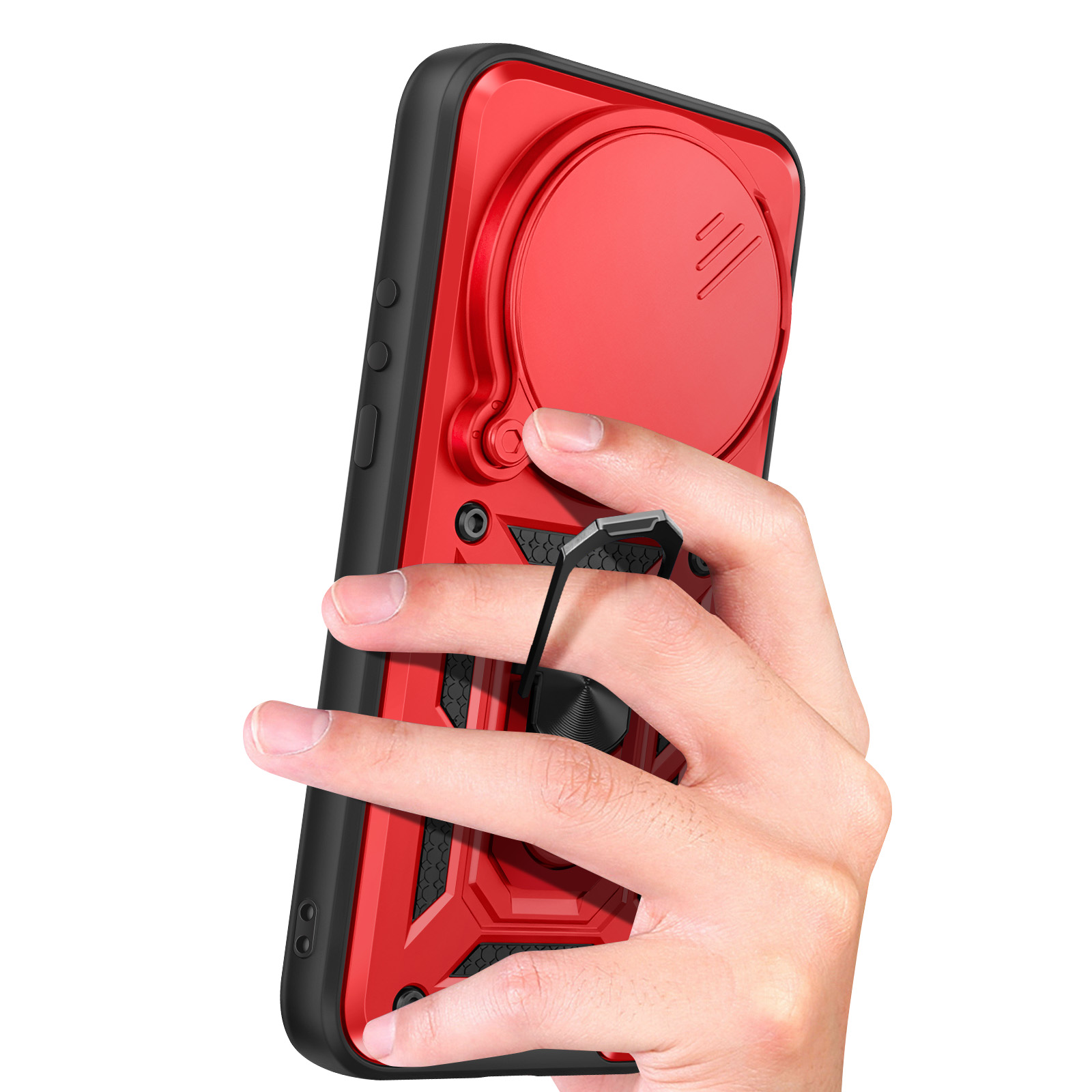 Coque de téléphone rouge avec support anneau noir, tenue par une main.