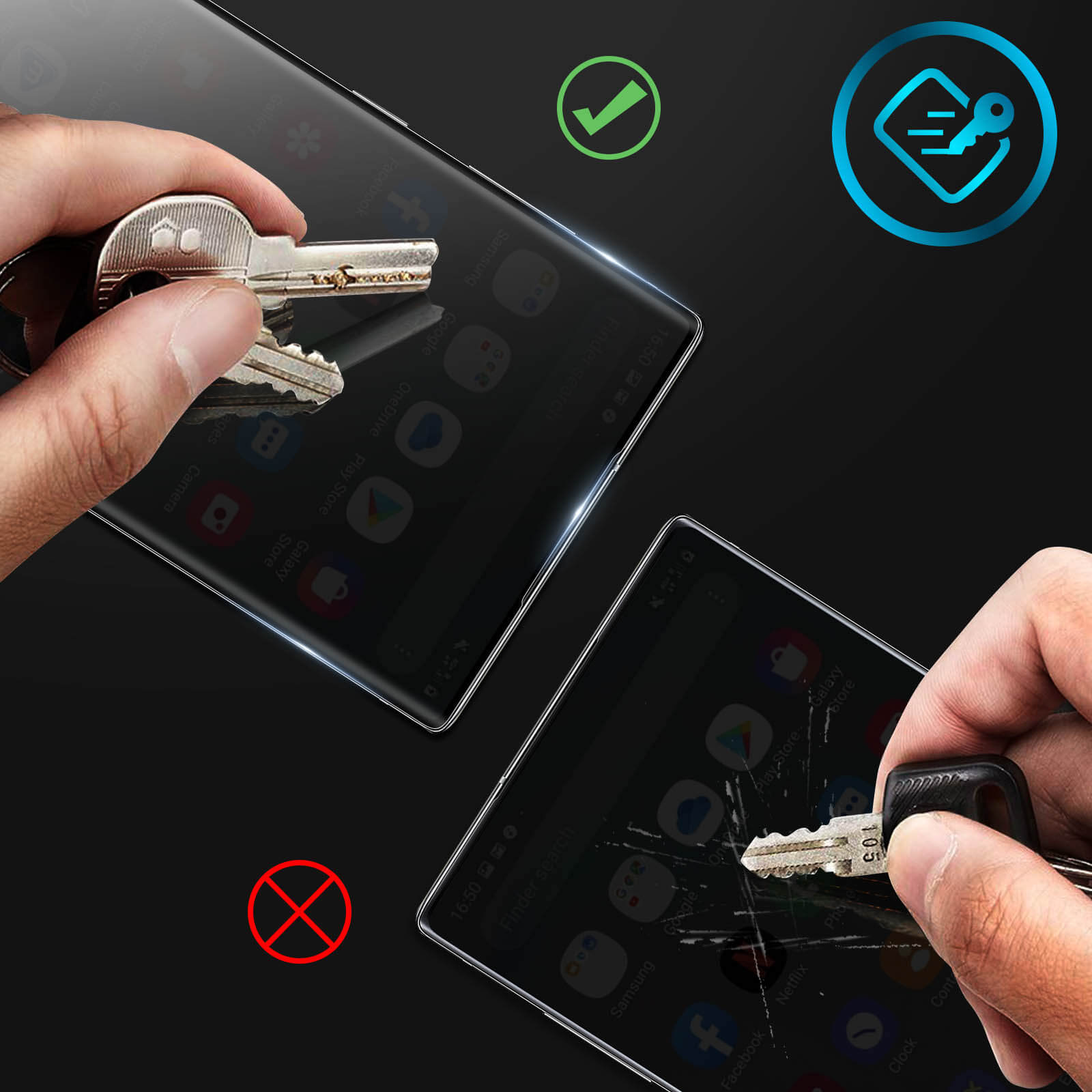 Een sleutel krast over gebarsten telefoonglas. Een andere sleutel krast over intact glas.