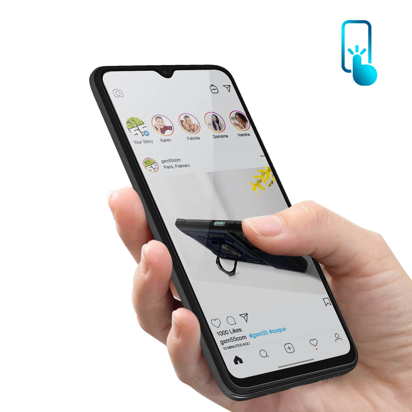 Una mano tiene uno smartphone con una custodia dotata di anello portadita.