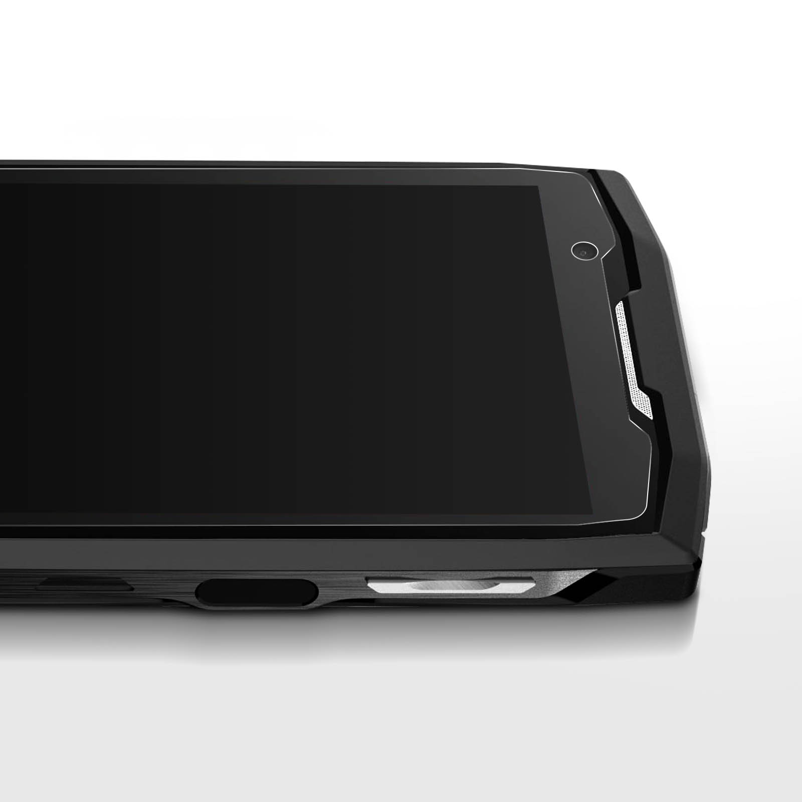 Un smartphone noir avec un grand écran sombre, vu de côté.