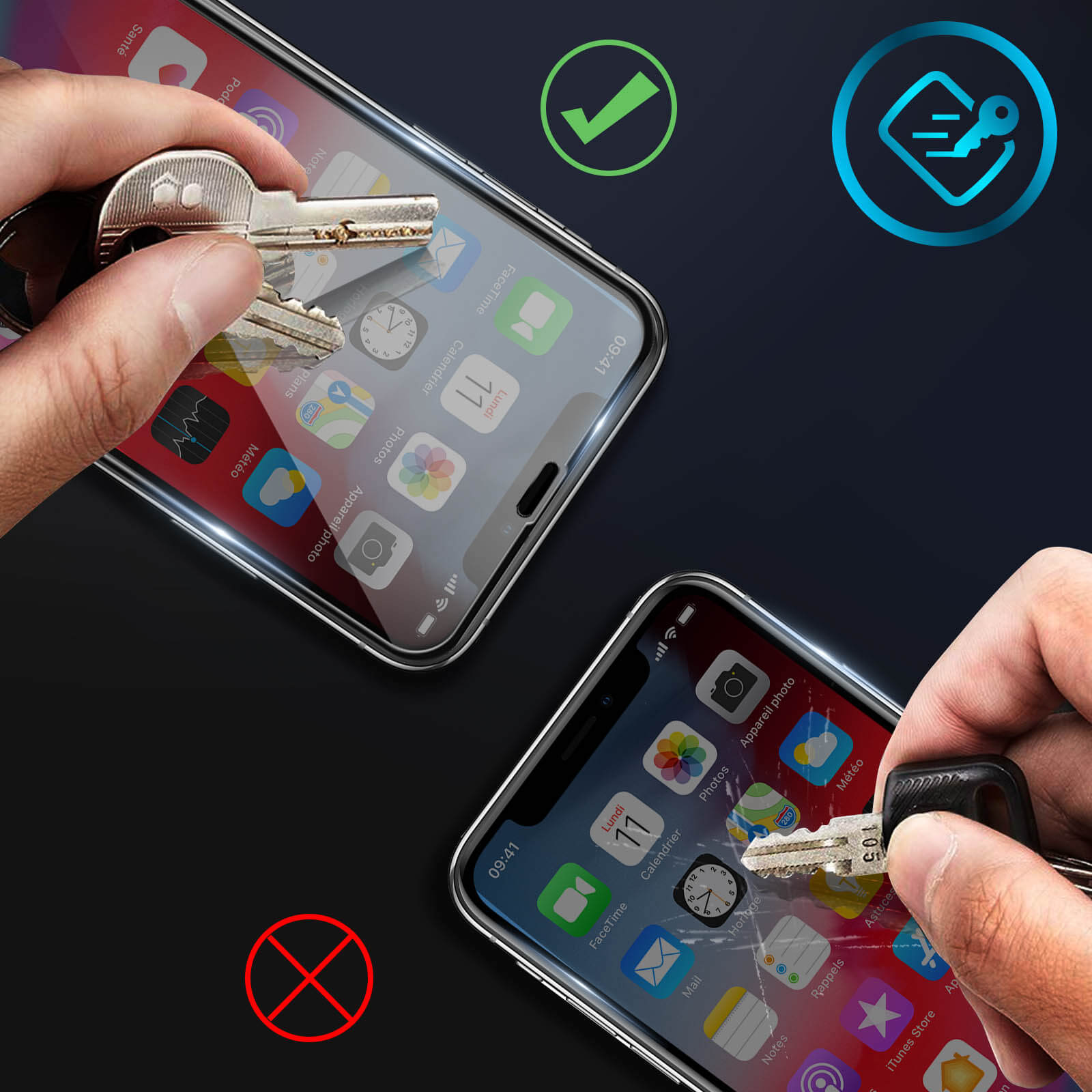 Due smartphone con chiavi che causano graffi. Vengono mostrati un segno di spunta verde e una croce rossa.