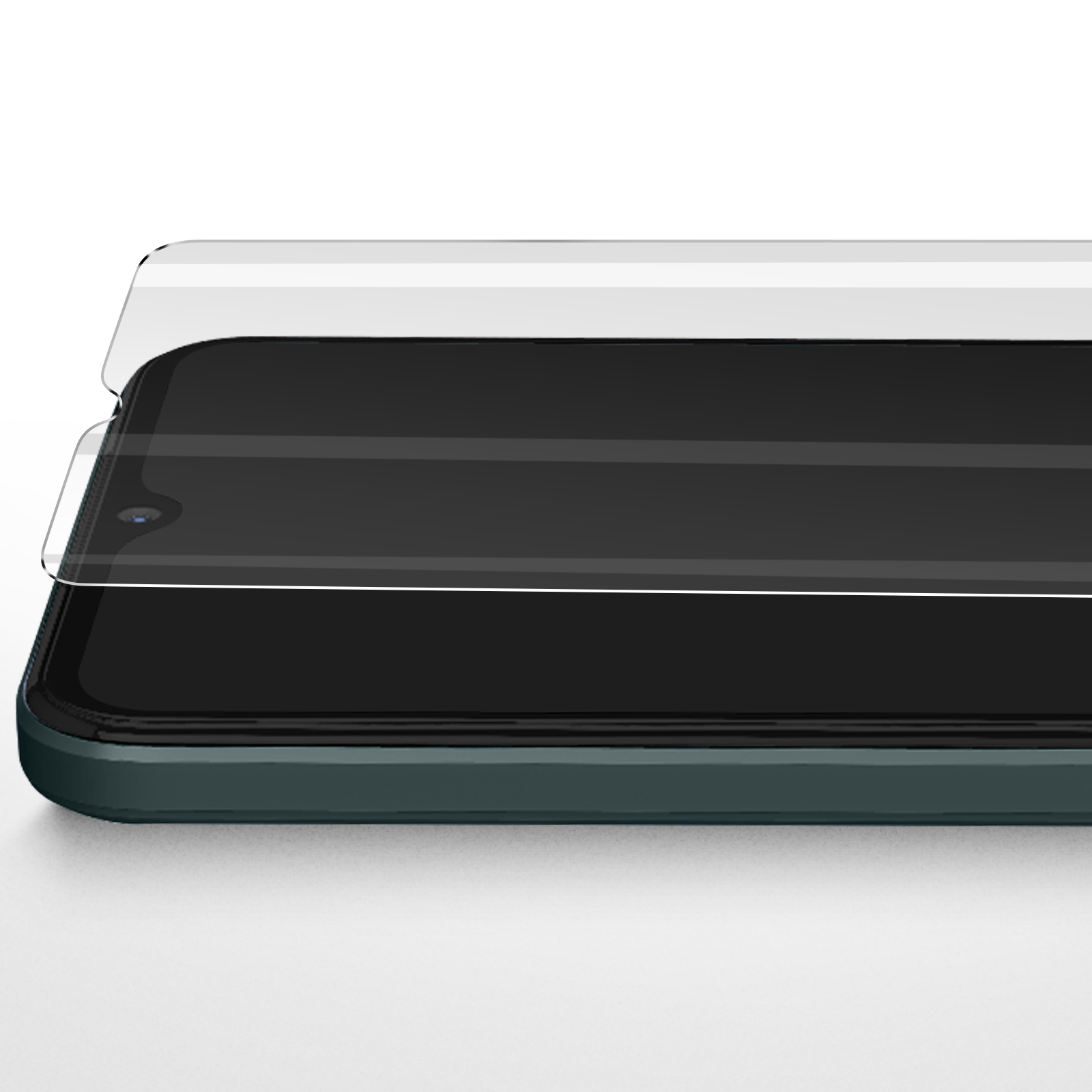 Een schermprotector ligt op een donkere smartphone.