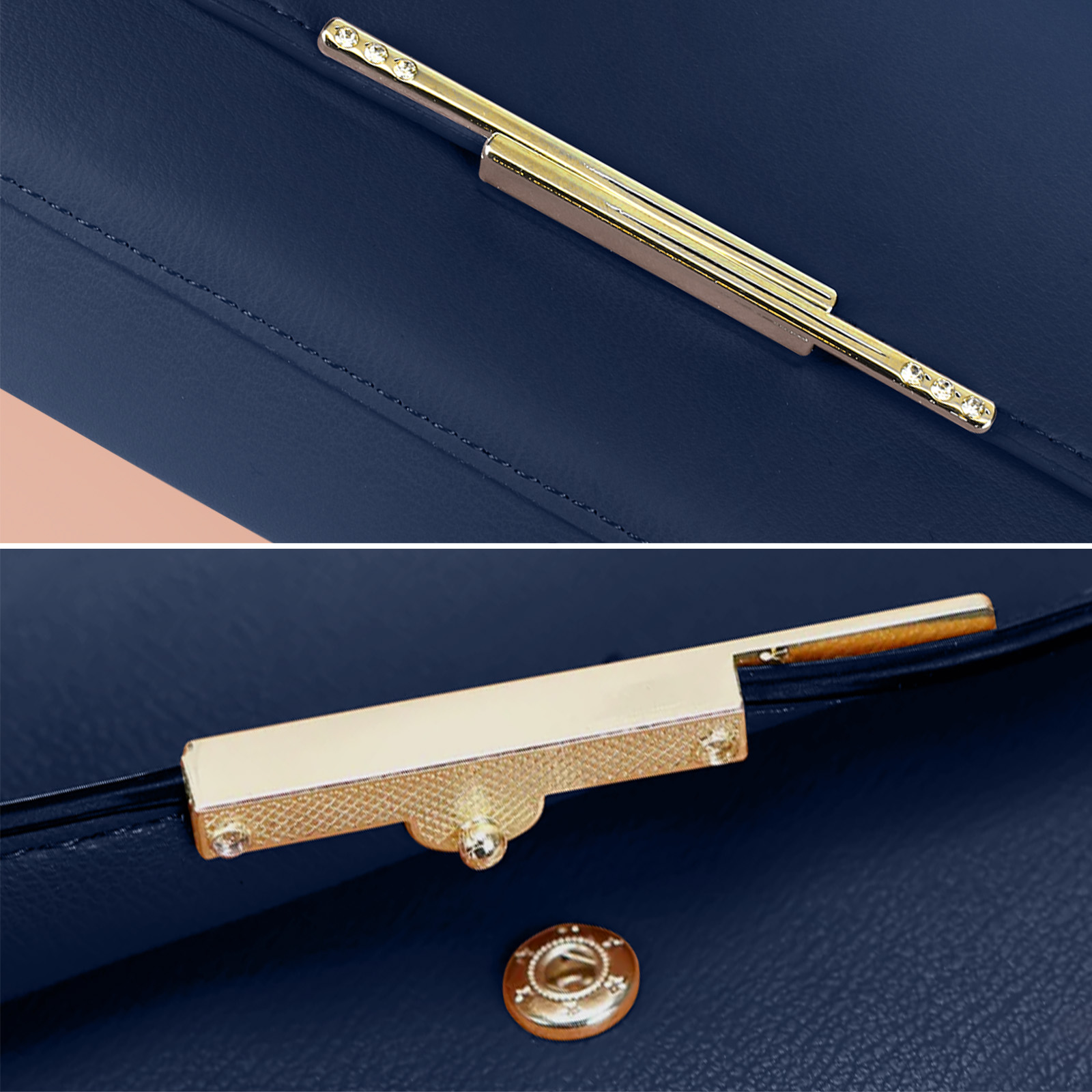 Dunkelblaue Tasche mit goldenem Verschluss und kleinen Steinen.