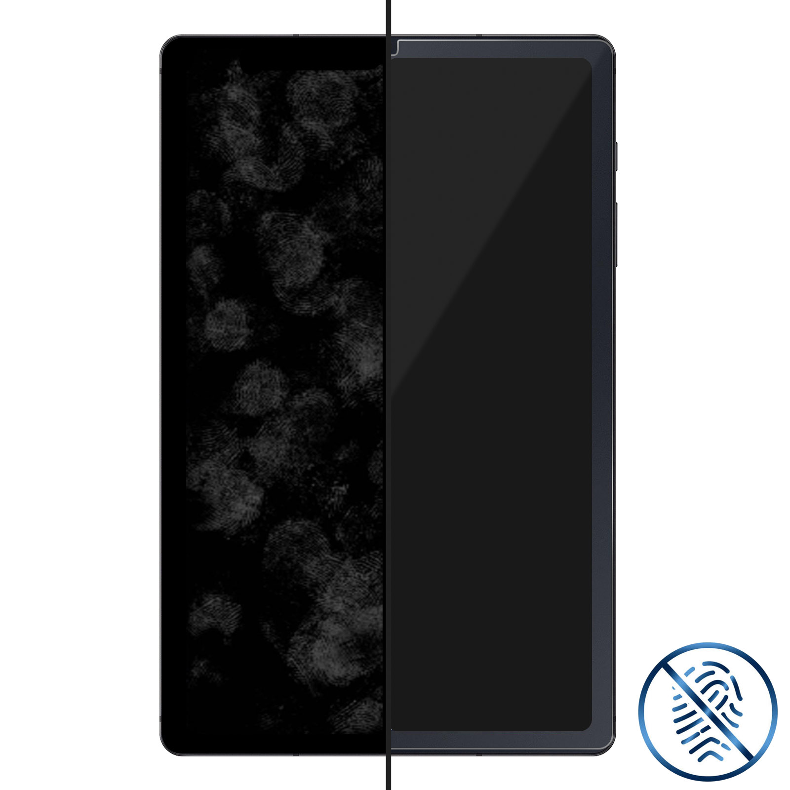 Tablet diviso: Metà sinistra con impronte digitali, metà destra pulita. Simbolo di divieto.