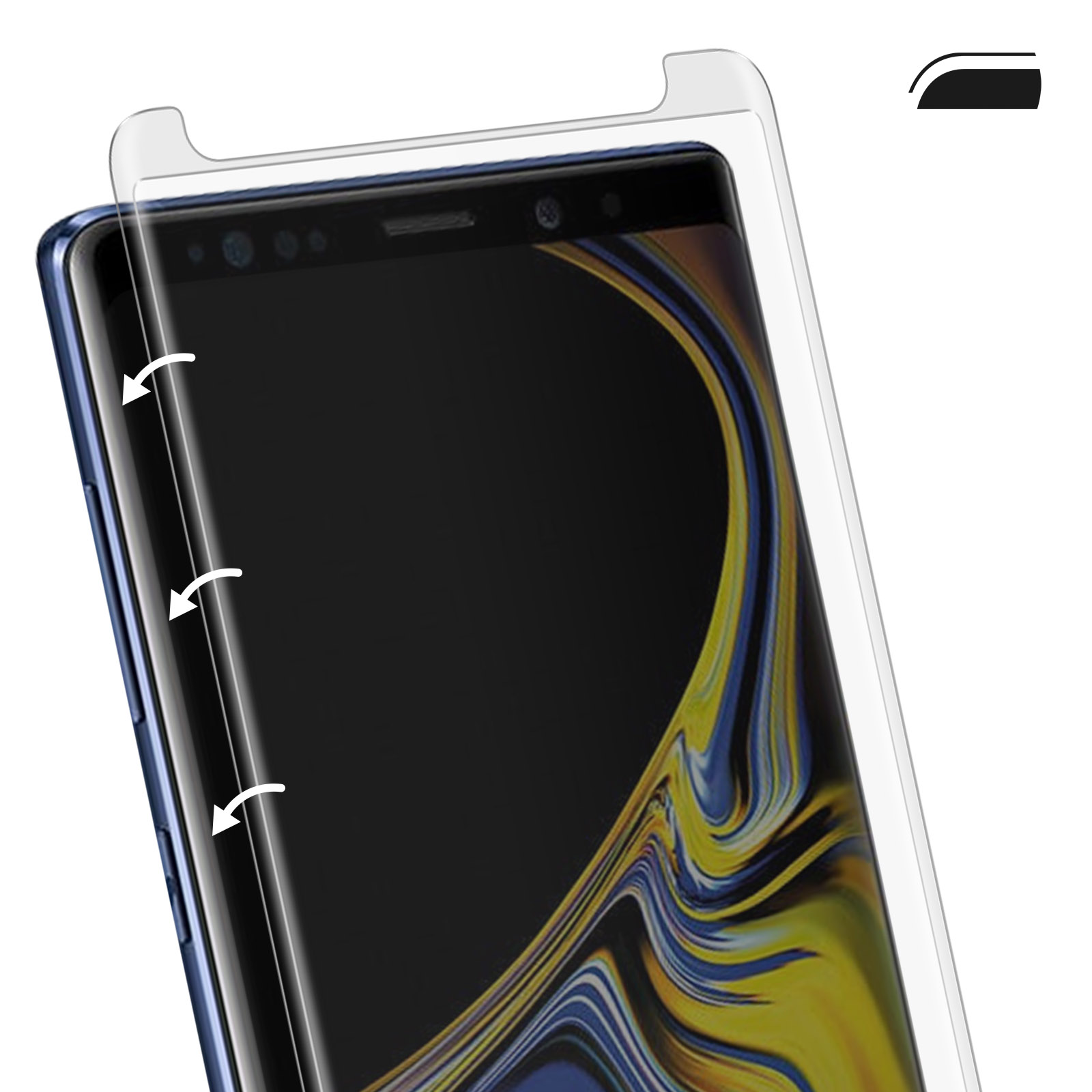 Un smartphone bleu avec un protecteur d'écran appliqué, montrant des flèches courbes.