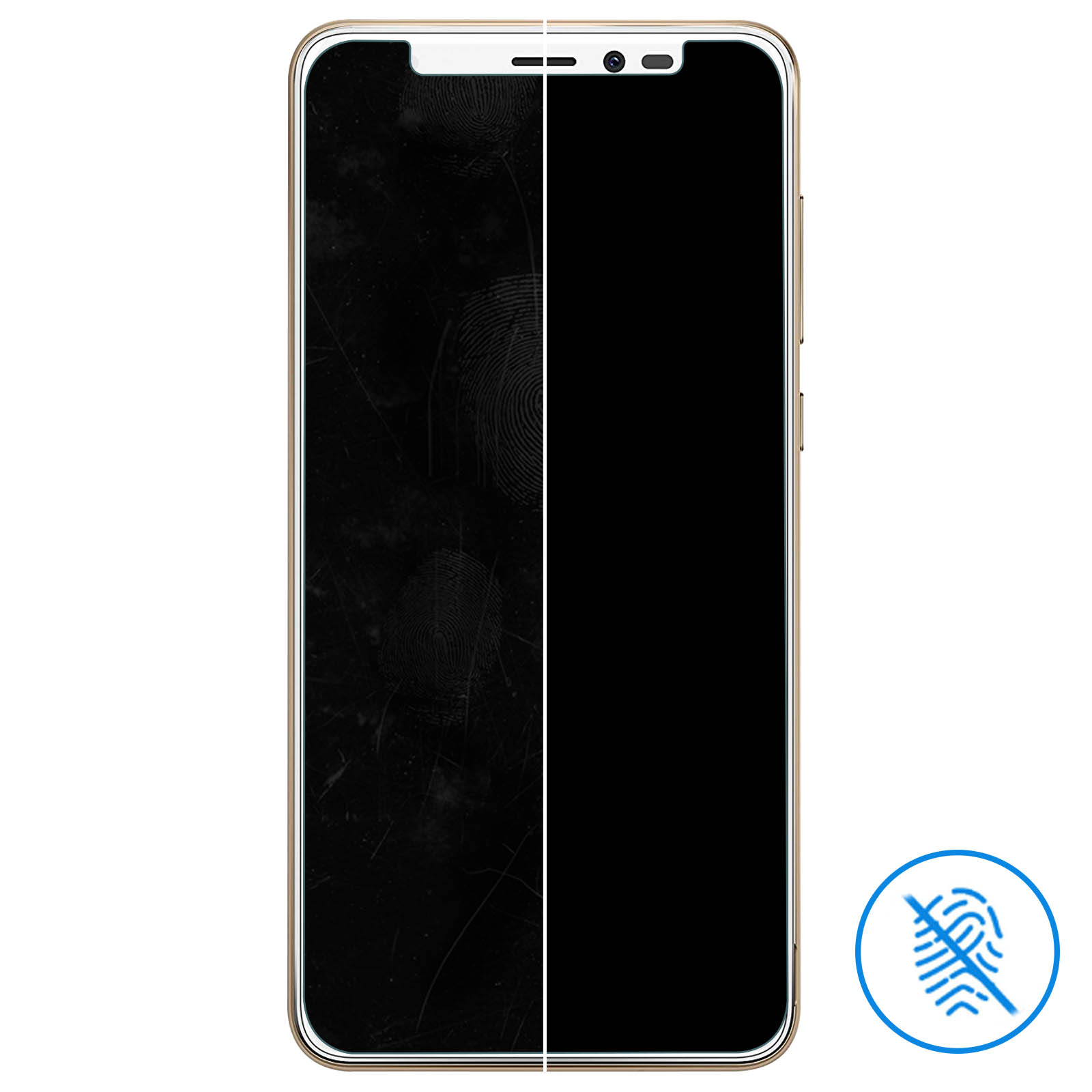 Schermo smartphone diviso: sinistra graffiata, destra pulita. Icona impronta.