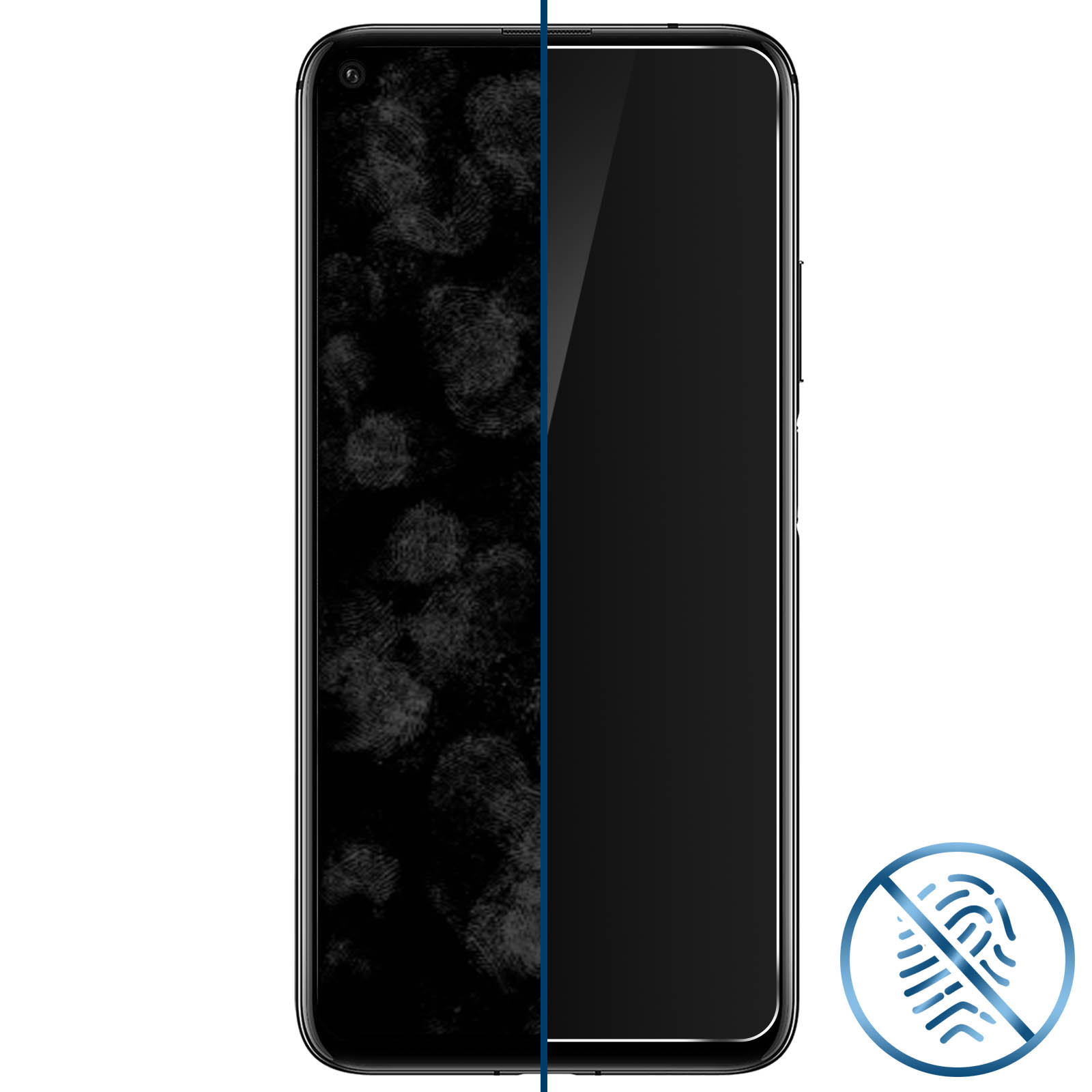 Uno schermo per smartphone diviso tra impronte digitali e un'area pulita.