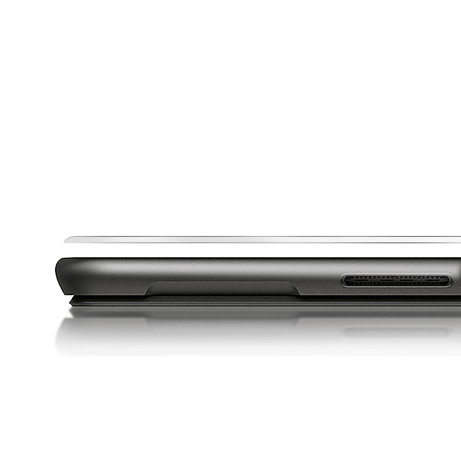 Vue latérale d'un smartphone noir avec des évents et une surface réfléchissante.