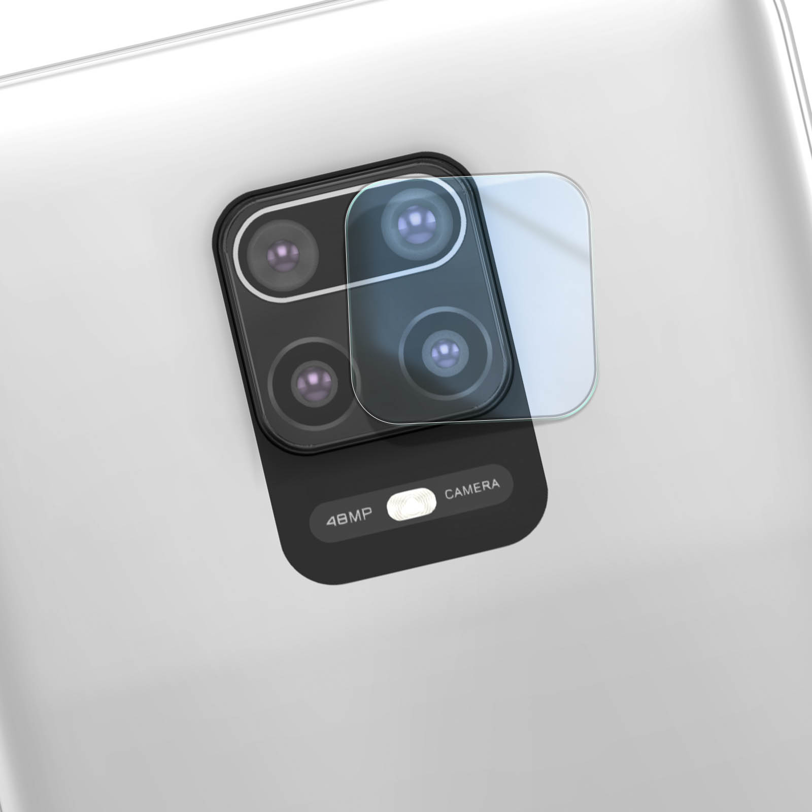 Un protecteur d'écran transparent repose sur le module caméra d'un smartphone blanc.