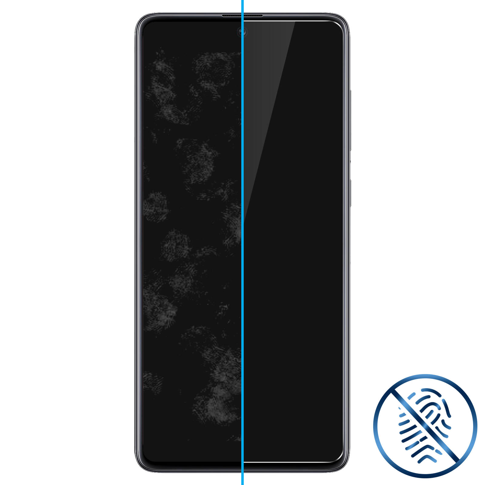 Écran de téléphone divisé : Gauche avec empreintes, droite propre. Icône empreinte.
