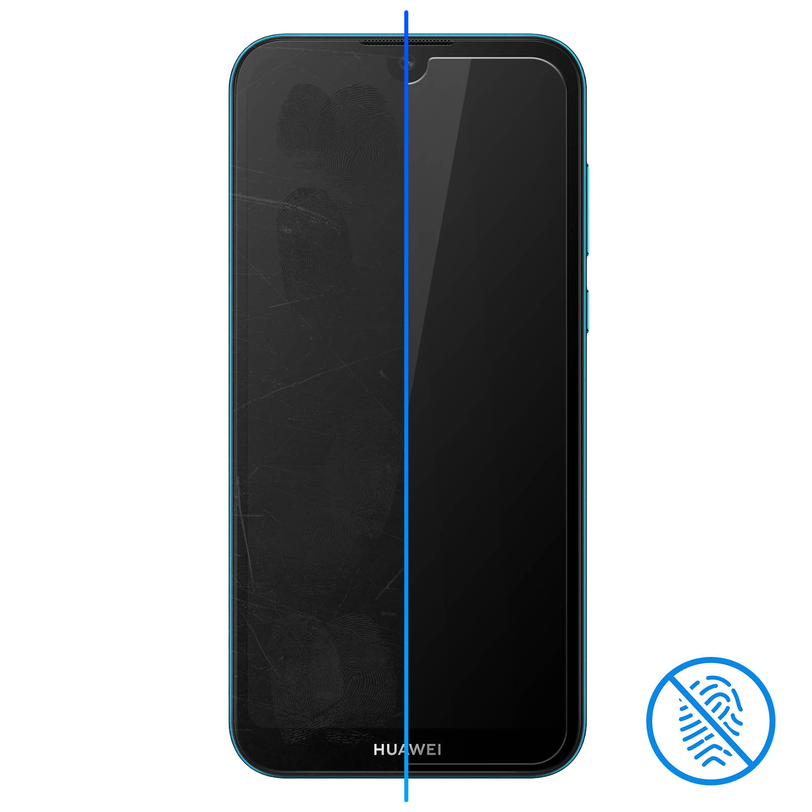 Un smartphone avec des empreintes digitales à gauche, écran propre à droite. Icône.