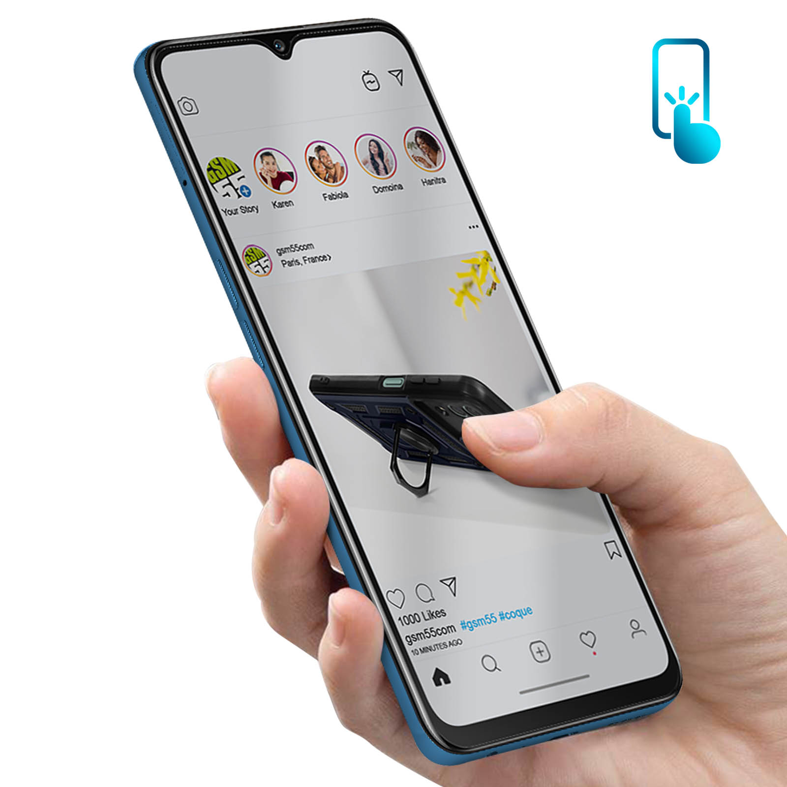 Una mano tiene uno smartphone blu che mostra un feed di Instagram con una custodia per telefono a fuoco.