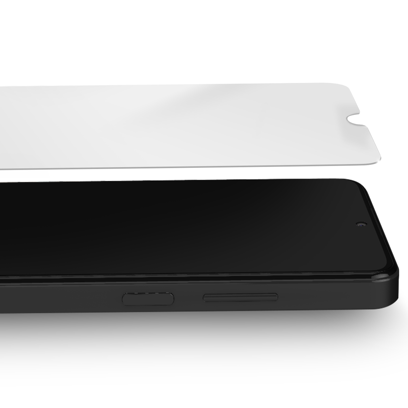 Een transparante schermprotector zweeft boven een zwarte smartphone.