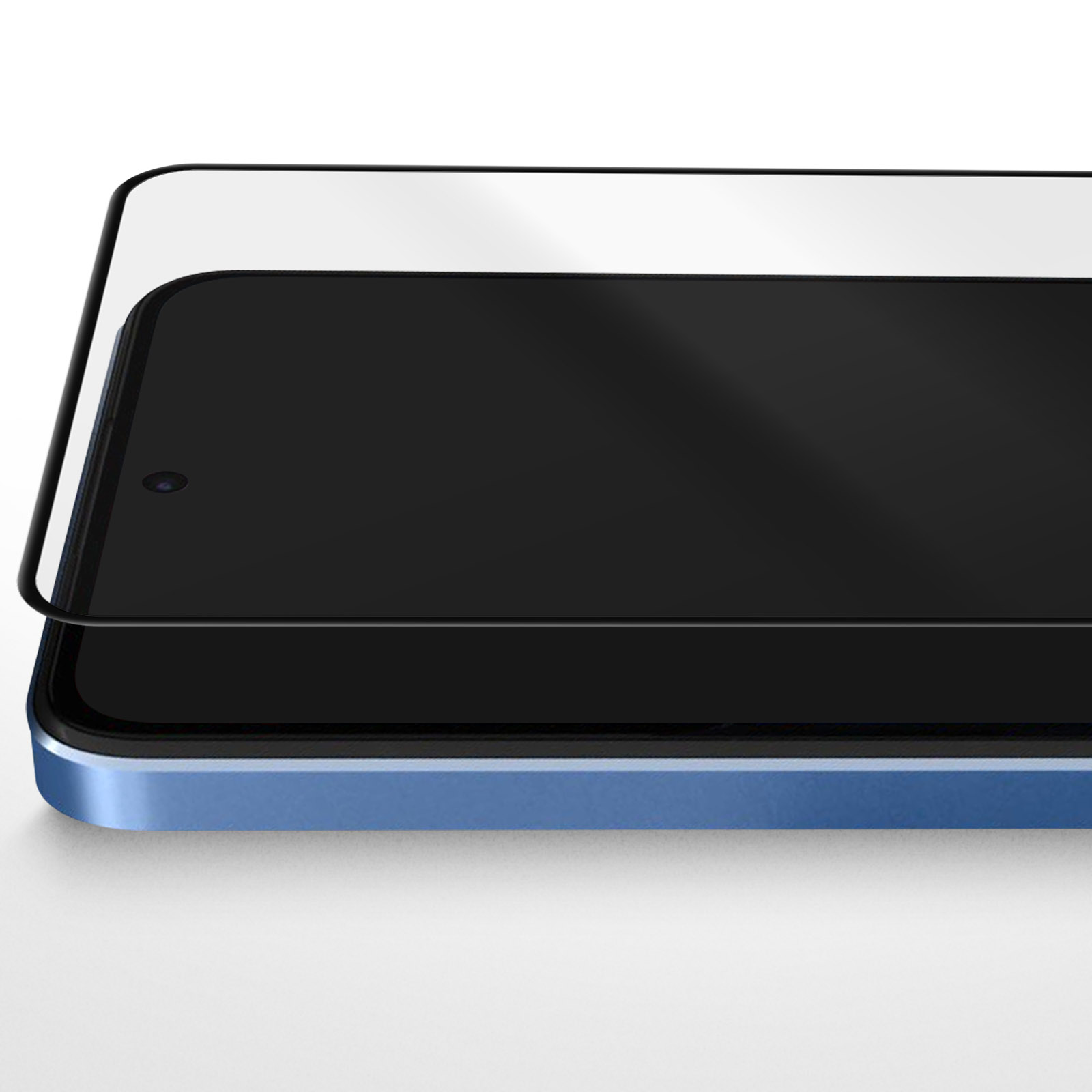 Een blauw smartphone scherm met een beschermfolie.