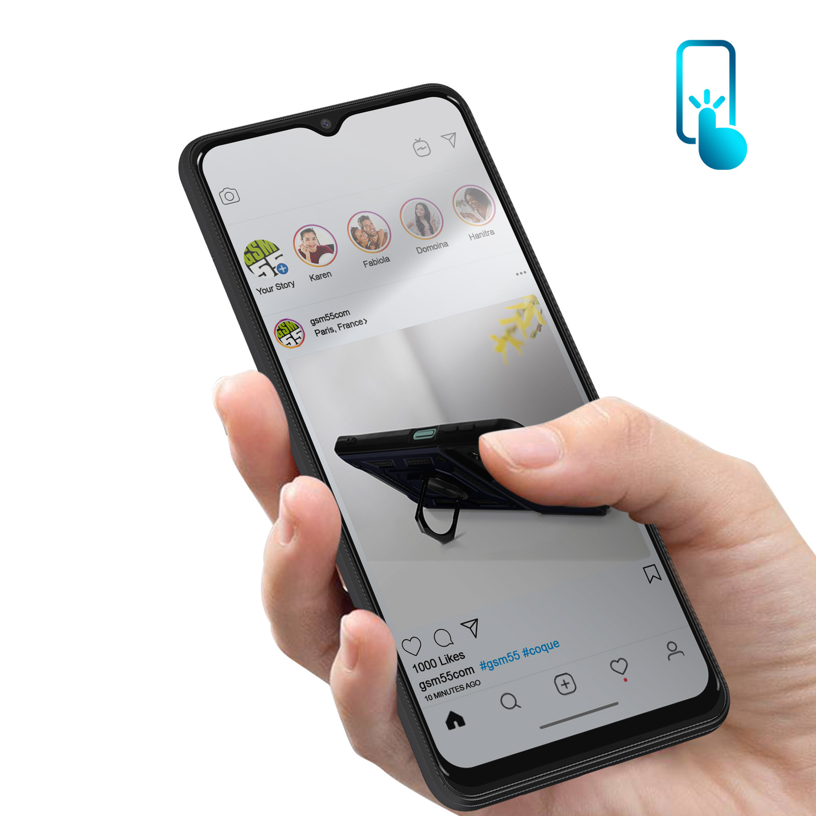 Een hand houdt een smartphone vast met een Instagram-achtige feed. Een hoesje met ringhouder is zichtbaar.