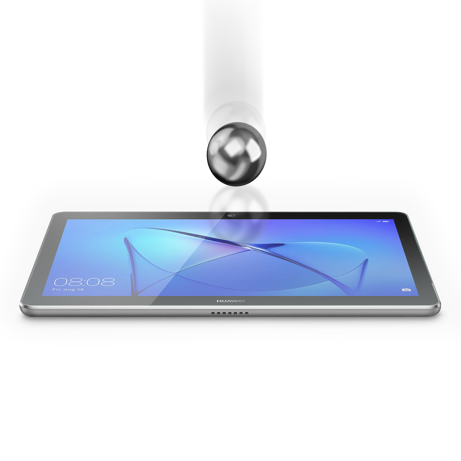 Een metalen bal valt op een Huawei-tablet met blauw scherm.