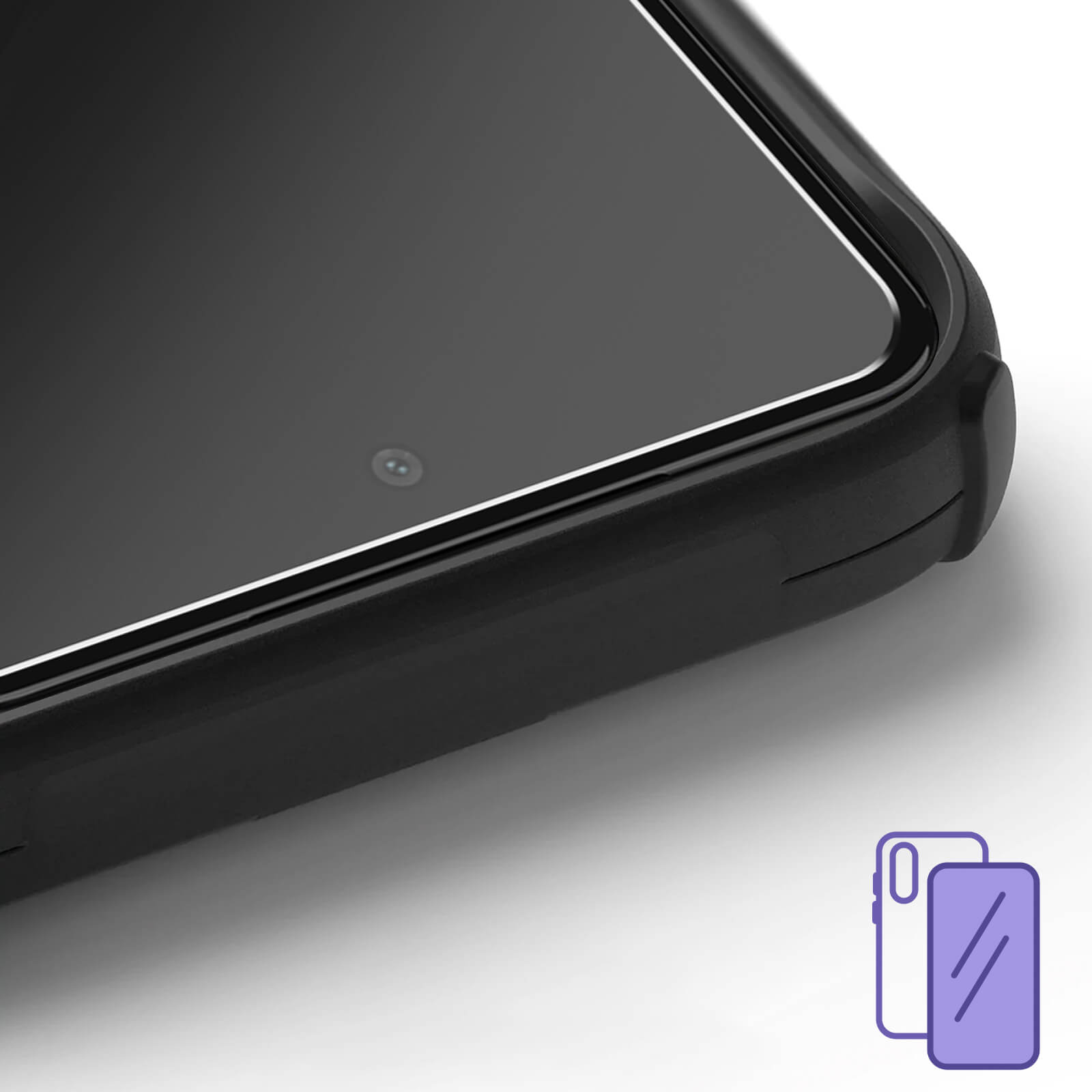 Gros plan d'une coque de téléphone noire avec une partie de l'écran et une caméra.
