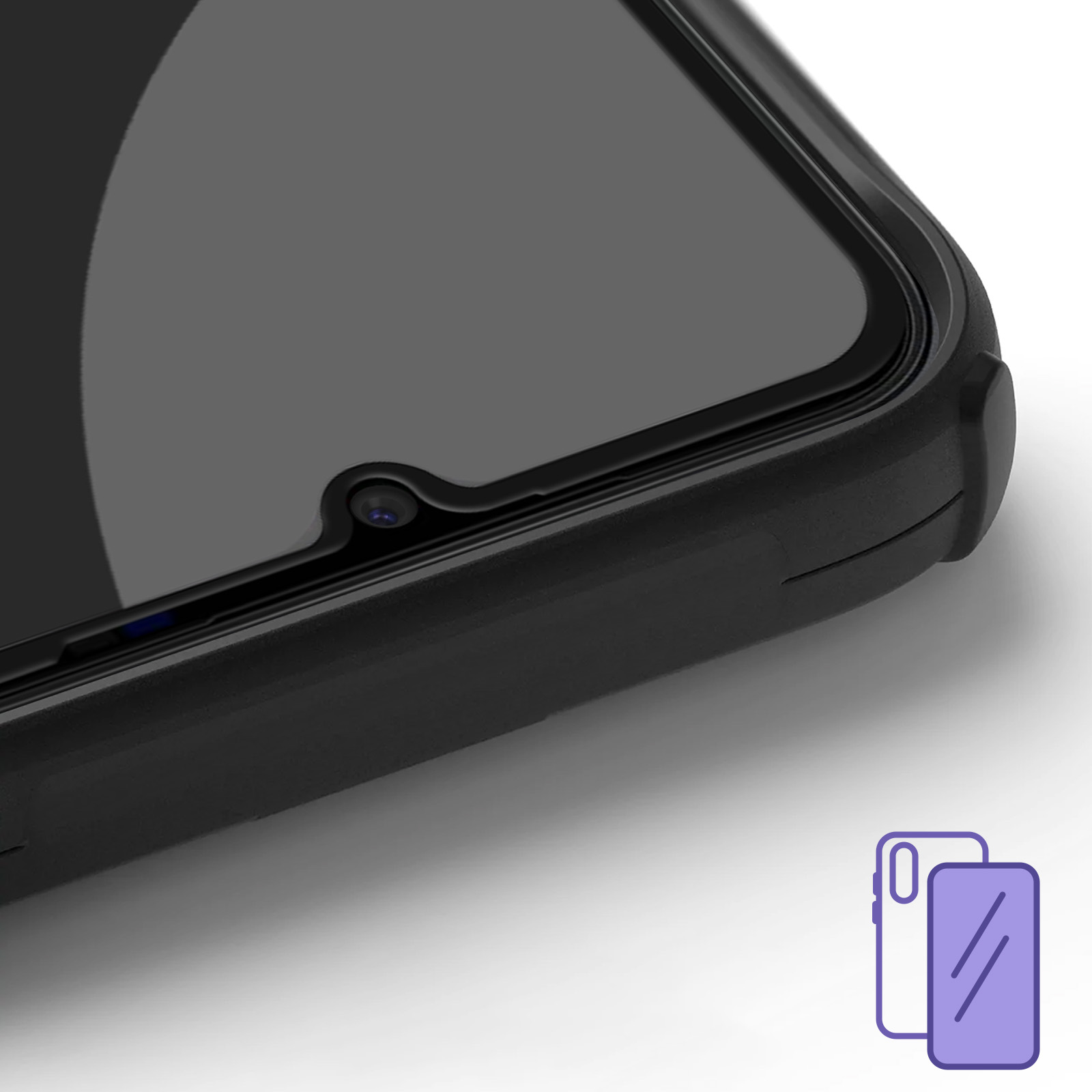 Gros plan d'une coque de téléphone noire montrant la caméra avant.