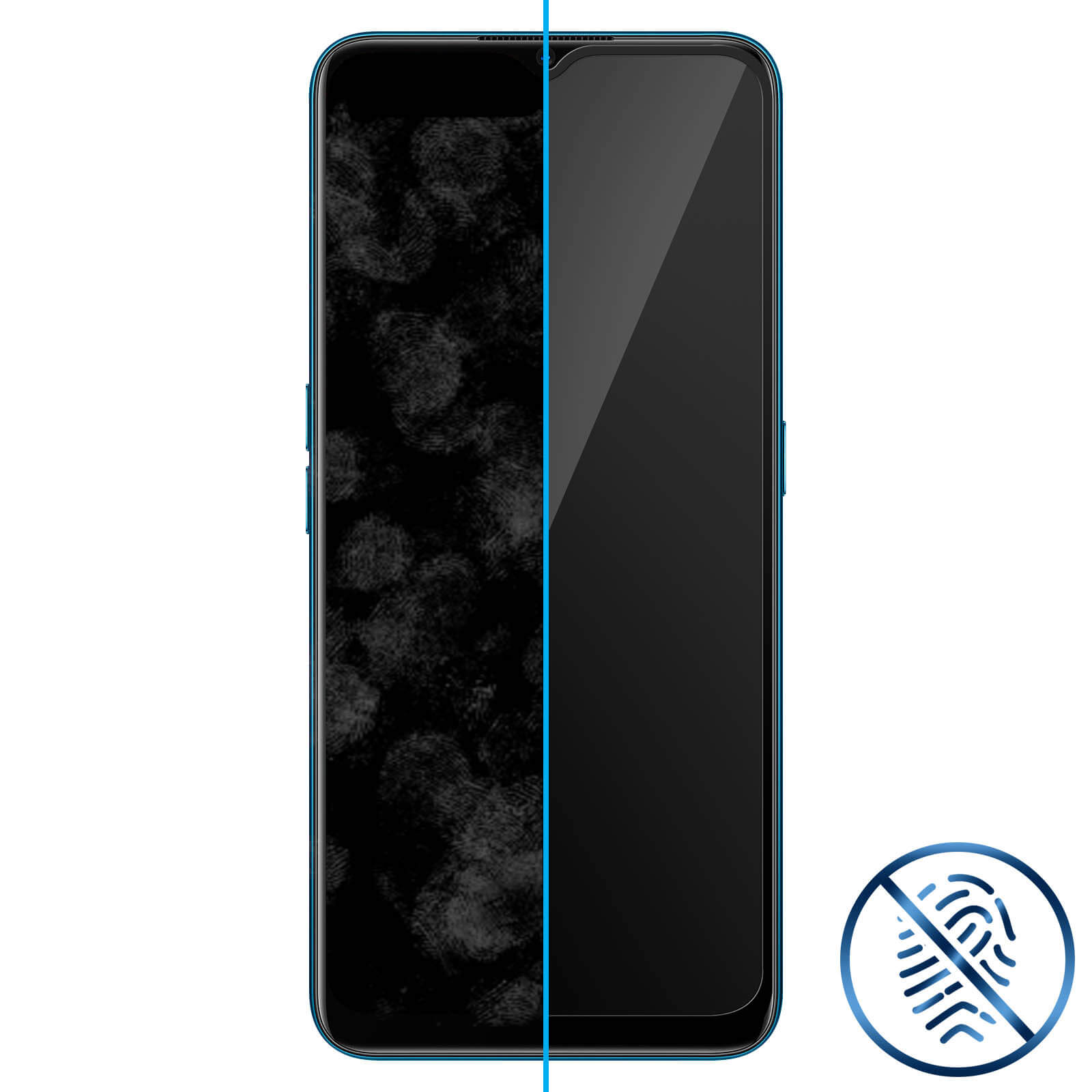 Schermo smartphone diviso tra sporco con impronte e pulito. Un'icona mostra un'impronta digitale barrata.