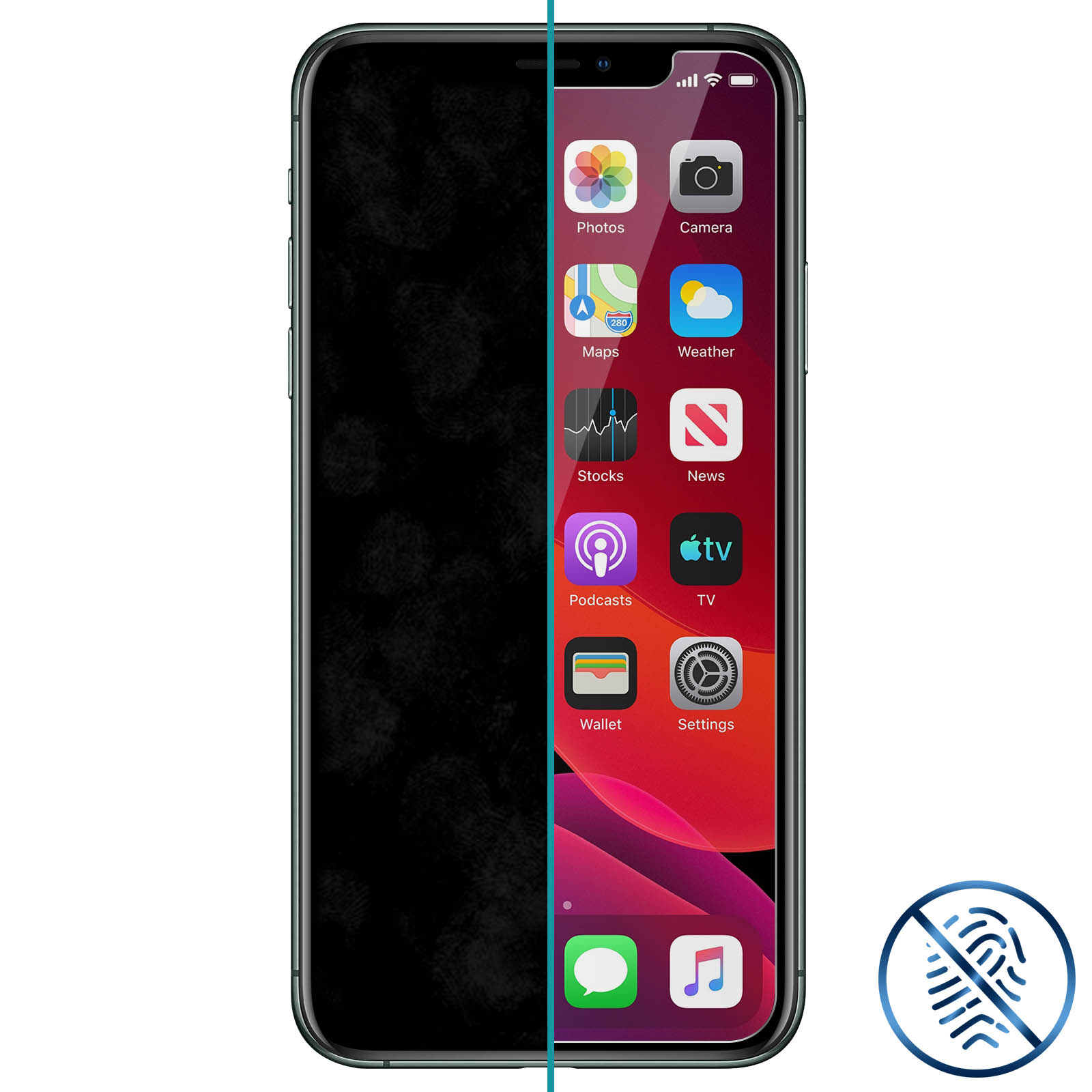 iPhone split screen: Left side dark, right side shows apps and a no-fingerprint icon.