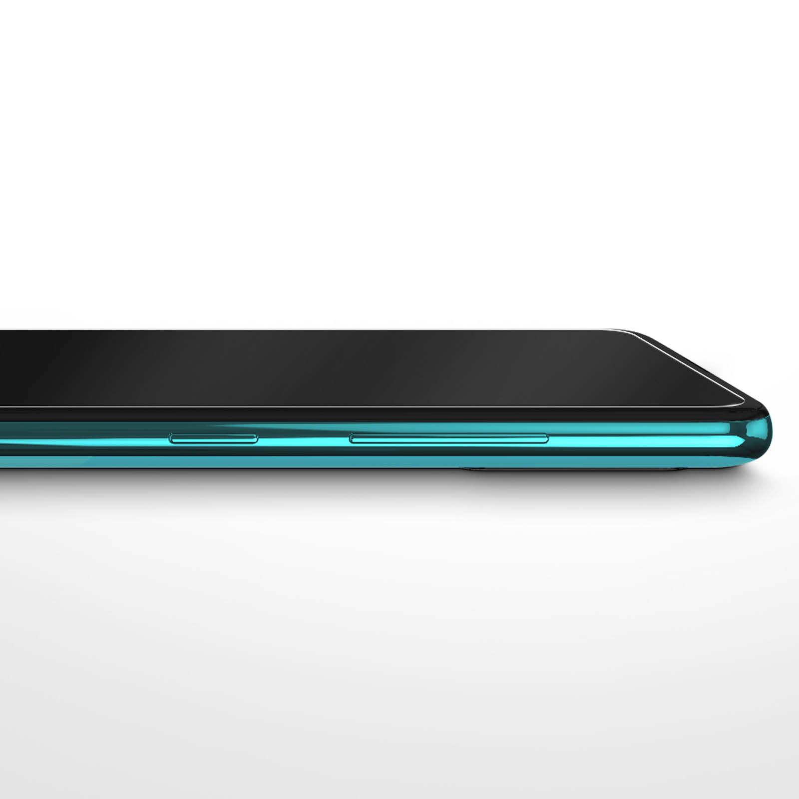 Vue latérale d'un smartphone turquoise avec boutons noirs sur fond blanc.