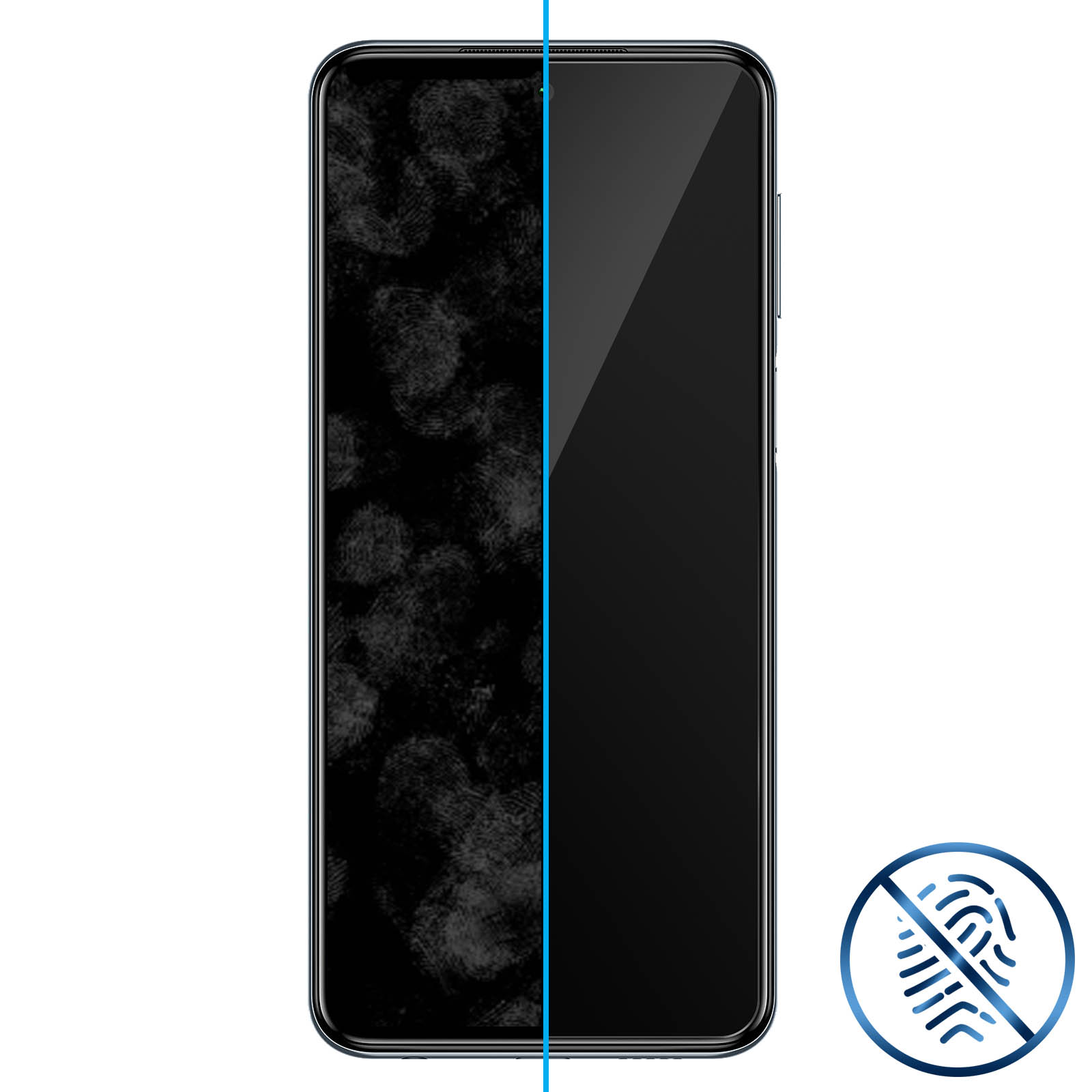 Écran de téléphone partagé : Gauche avec empreintes, droite propre. Icône empreinte.