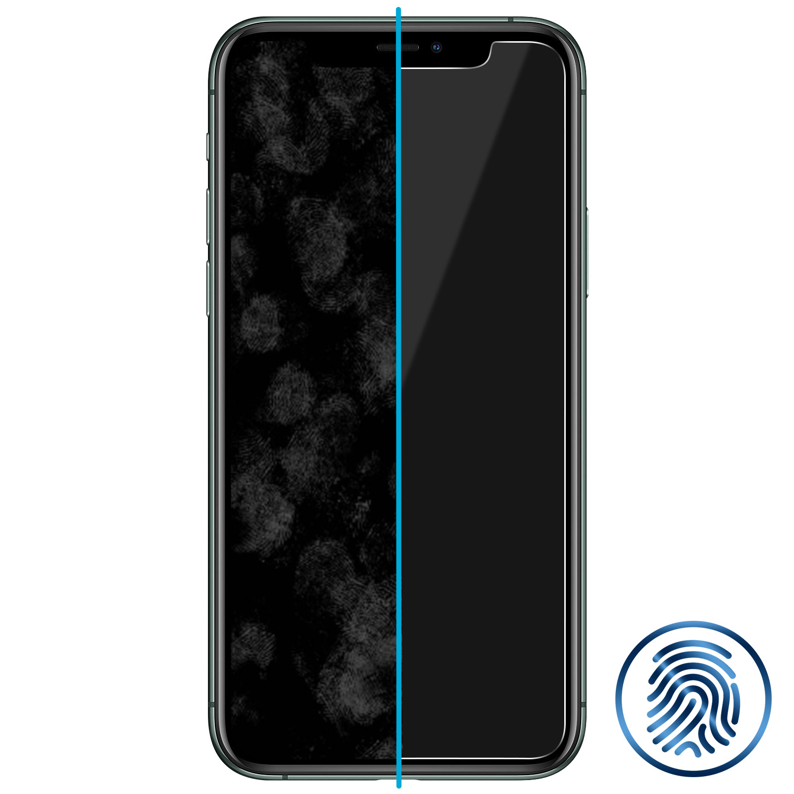 A smartphone with fingerprints on the left screen half and a blue fingerprint icon on the right.