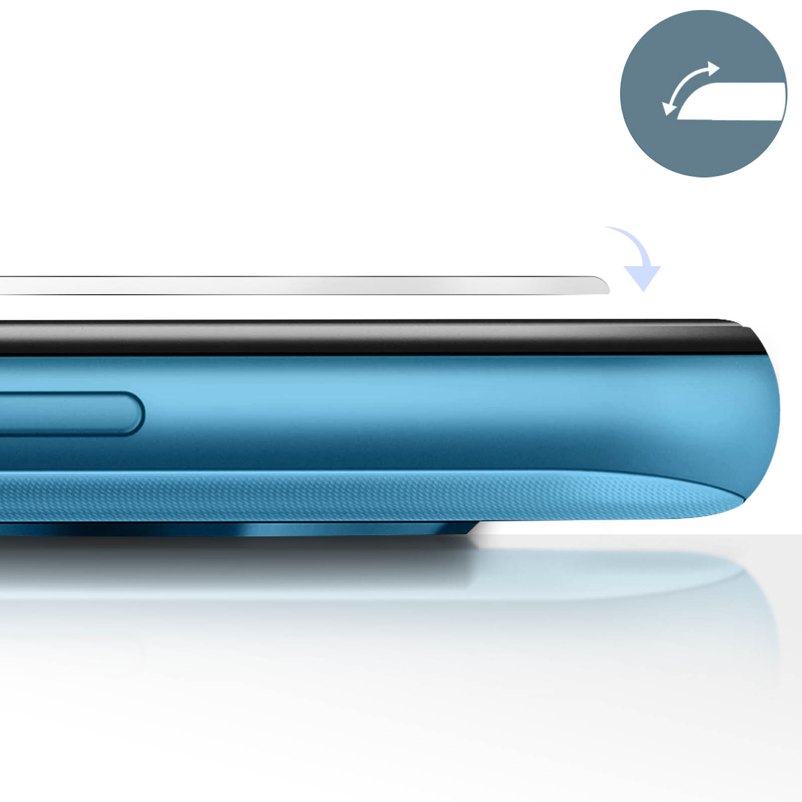 Close-up van een blauwe telefoonhoes met een icoon voor een verwijderbare achterkant.