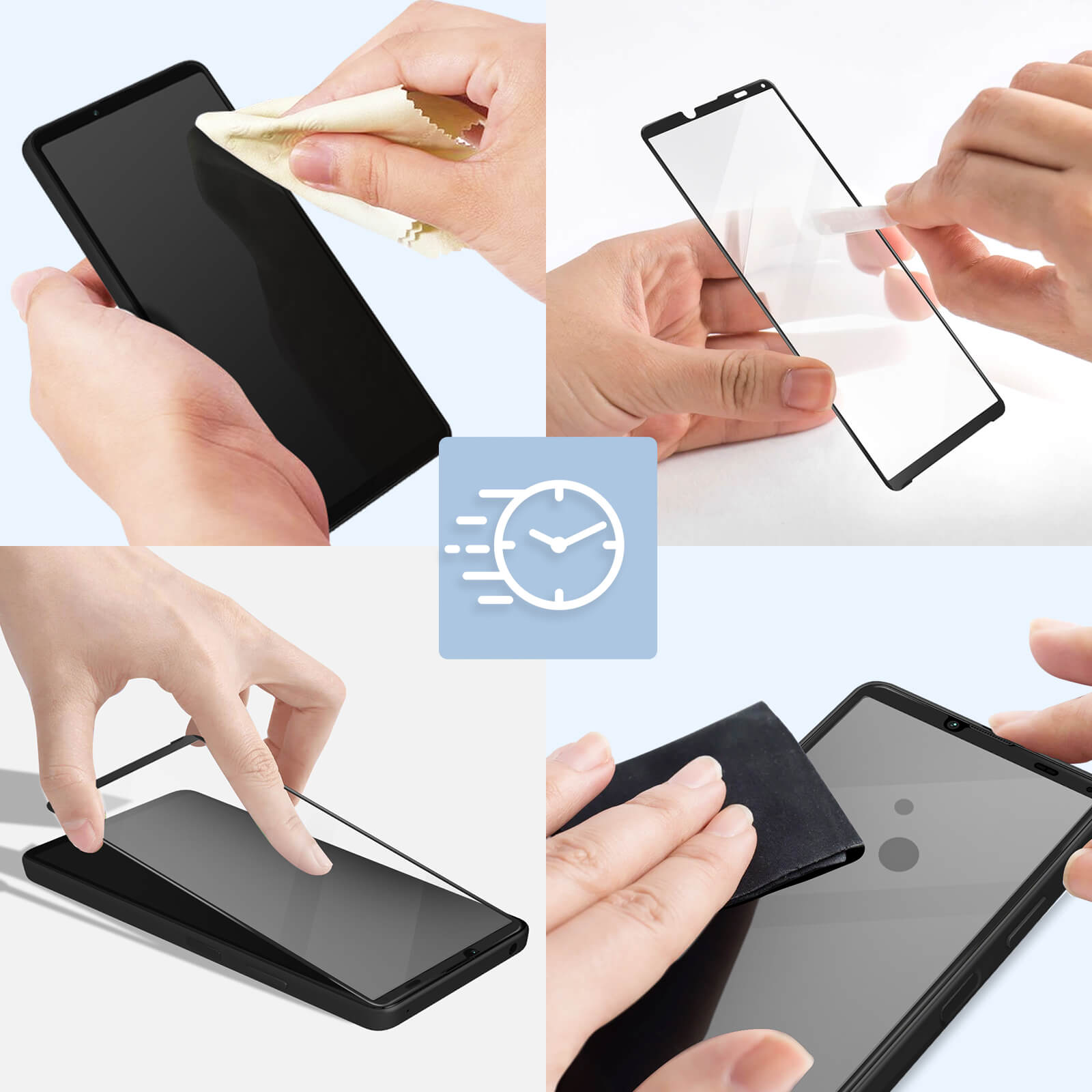 Étapes d'application du protecteur d'écran : nettoyer, aligner, appliquer, polir. Application rapide.