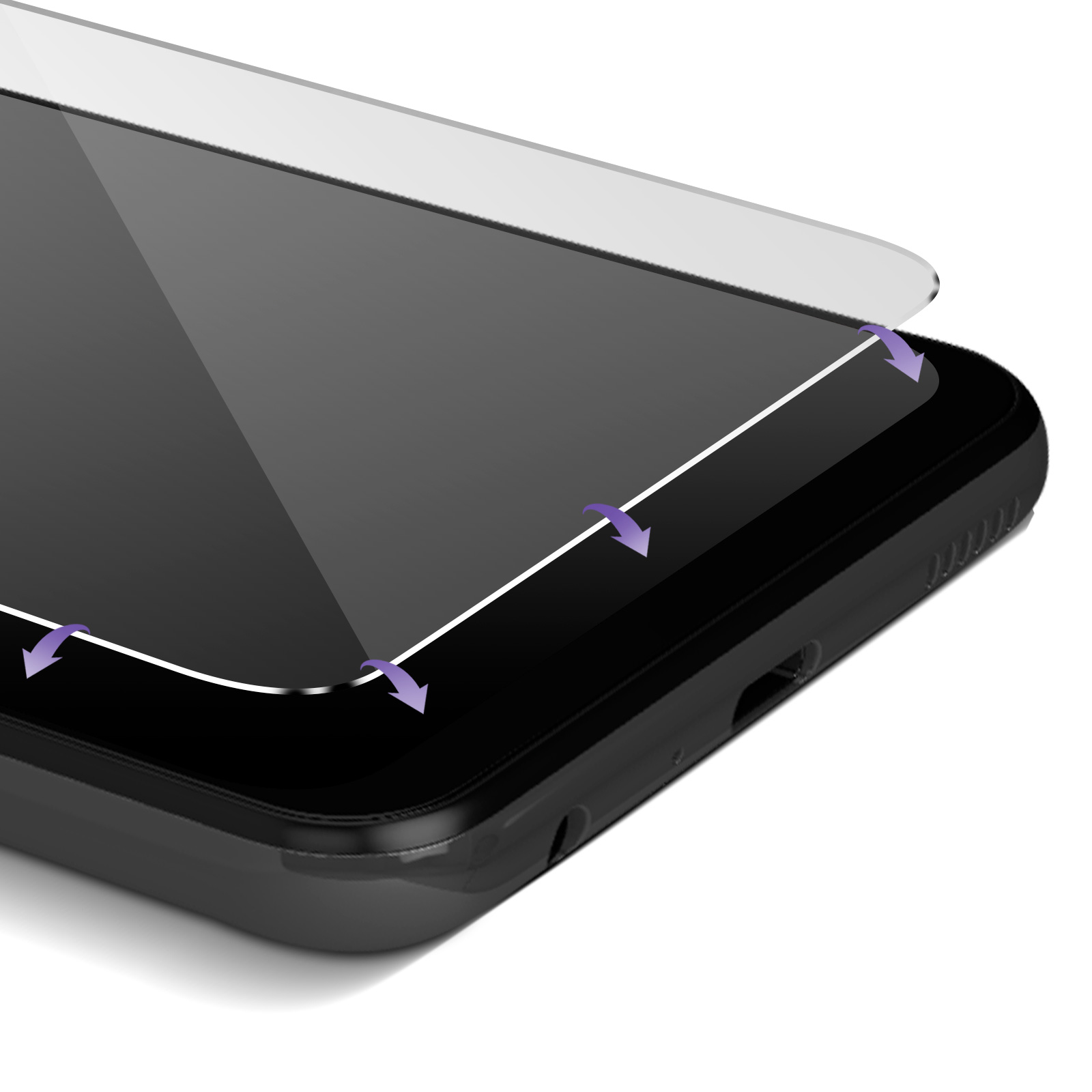 Un protecteur d'écran transparent est placé sur un smartphone noir.