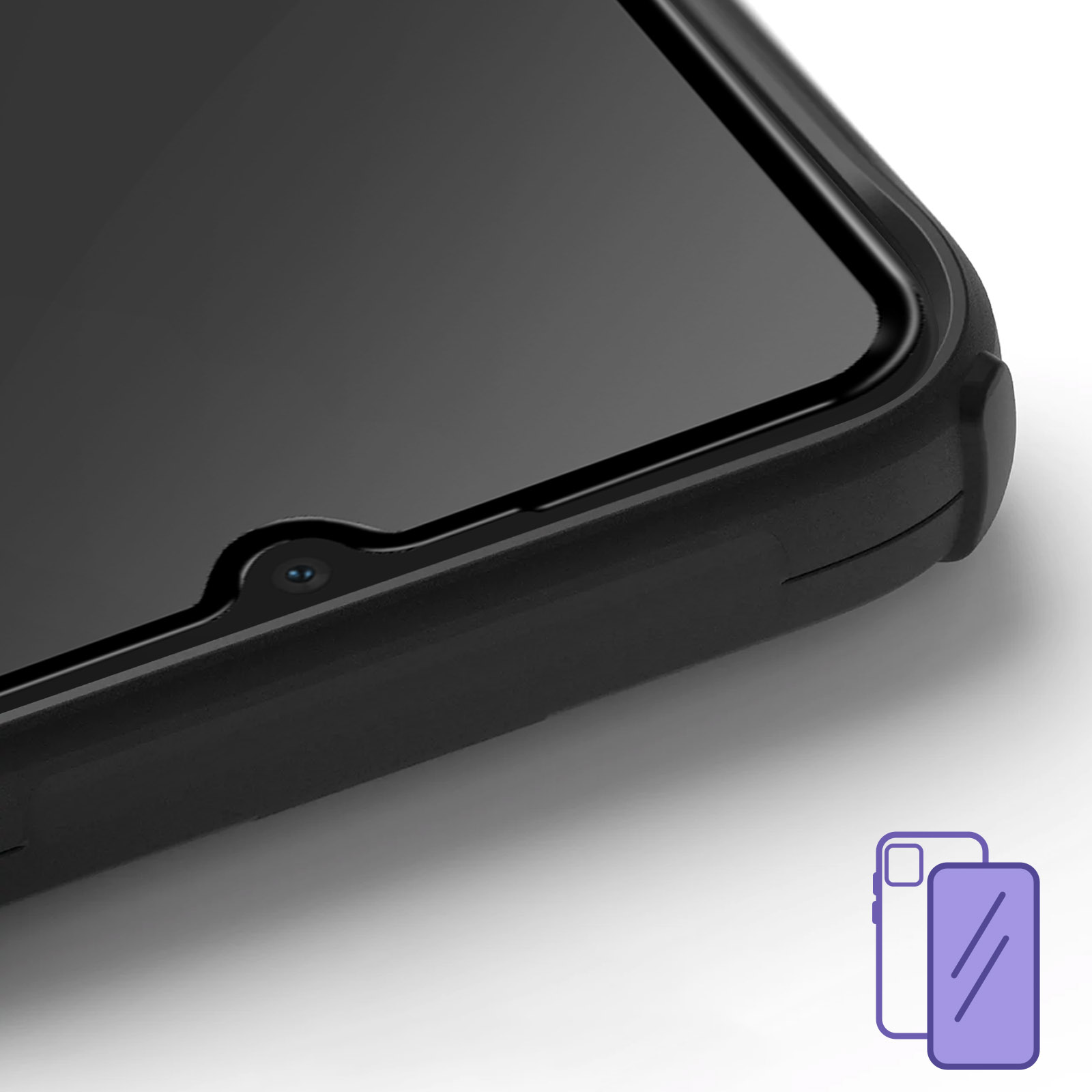 Gros plan d'une coque de téléphone noire montrant l'écran et la découpe de la caméra.